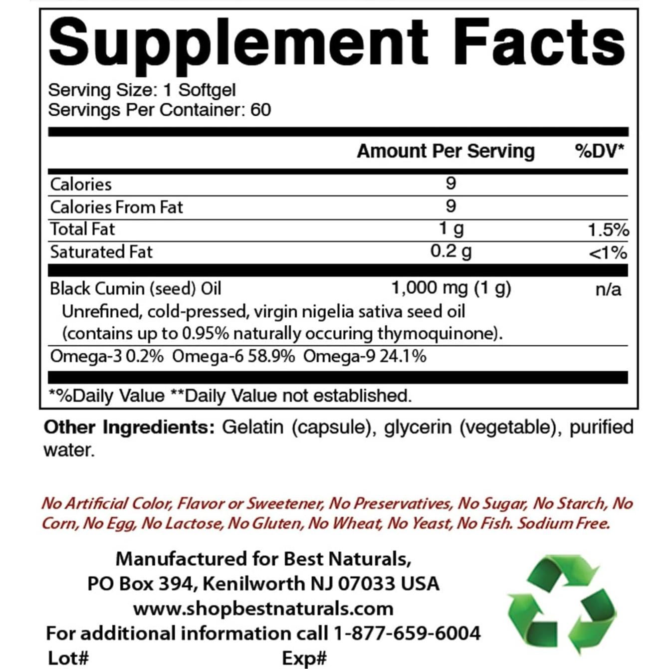 Cápsulas de Aceite de Semilla Negra 1000 mg Mejores Naturales - 120 Gelatinas Blandas