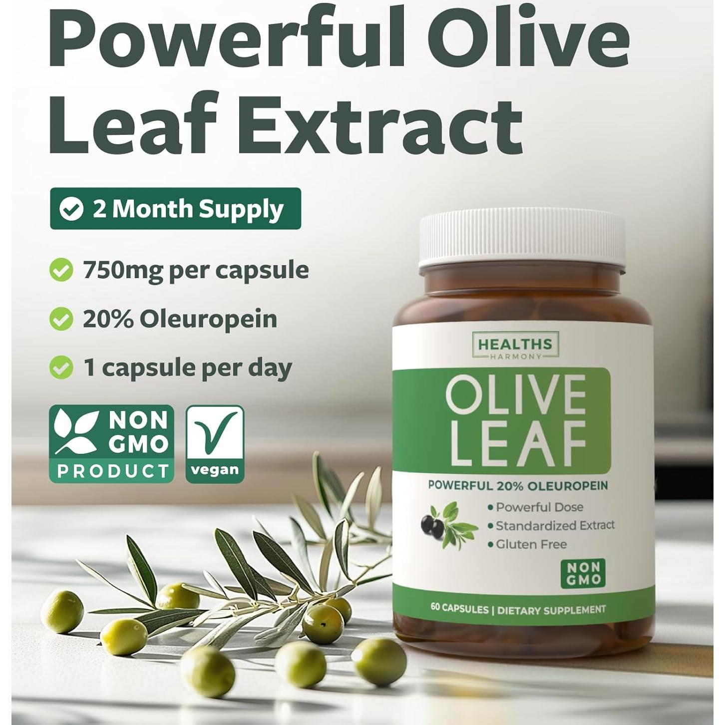 Cápsulas de Extracto de Hoja de Olivo Healths Harmony 750mg