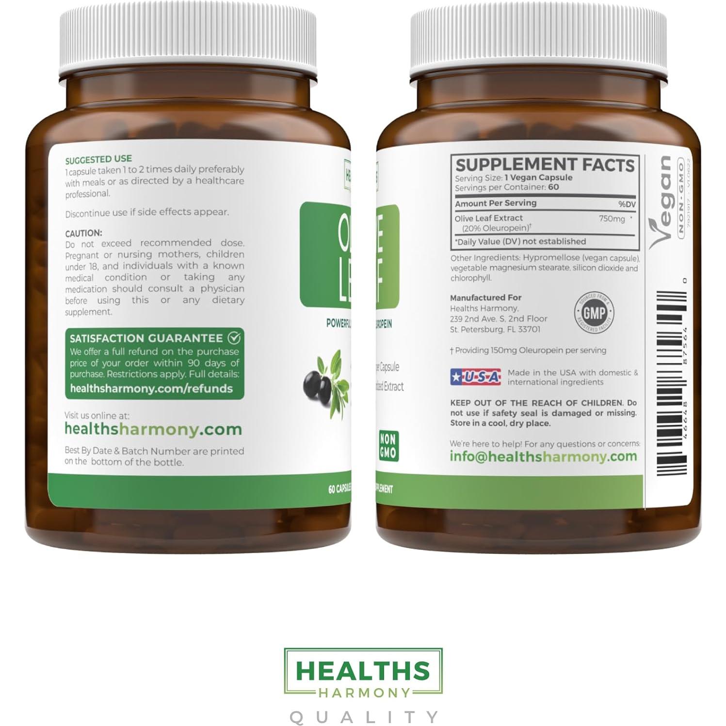 Cápsulas de Extracto de Hoja de Olivo Healths Harmony 750mg