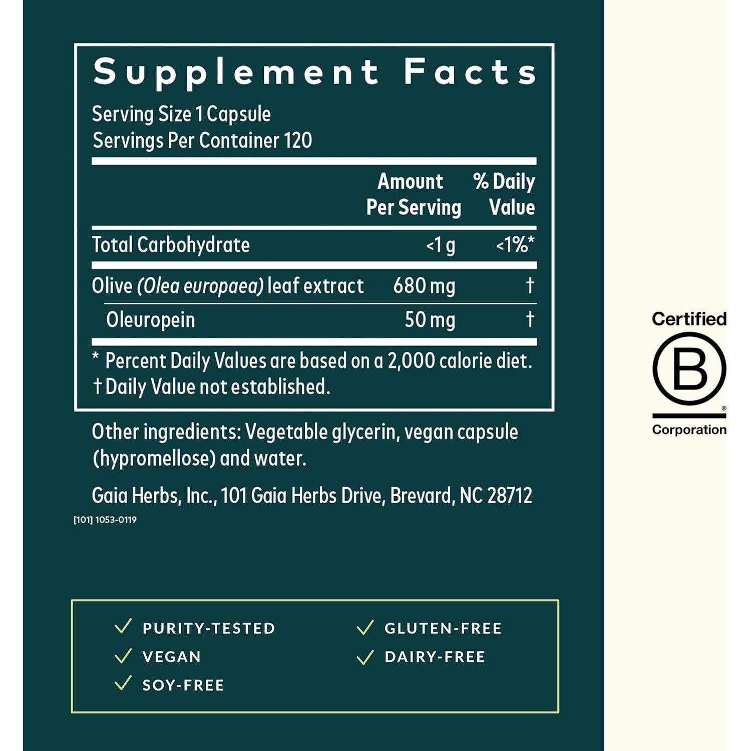 Suplemento Inmunológico Gaia Herbs - Hoja de Olivo 120 Cápsulas