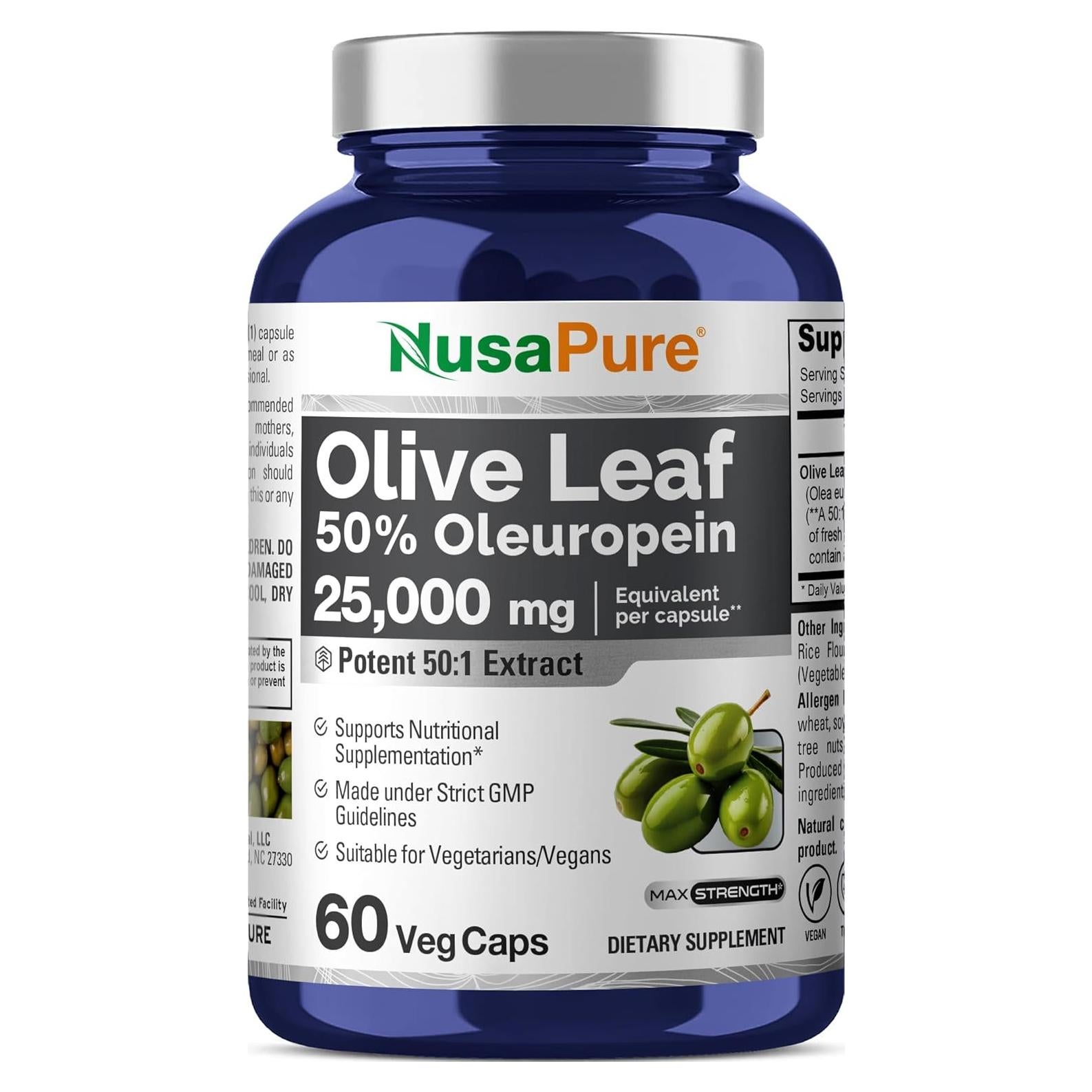 Extracto de Hoja de Olivo NusaPure 500 mg 50% Oleuropeína 60 Cápsulas