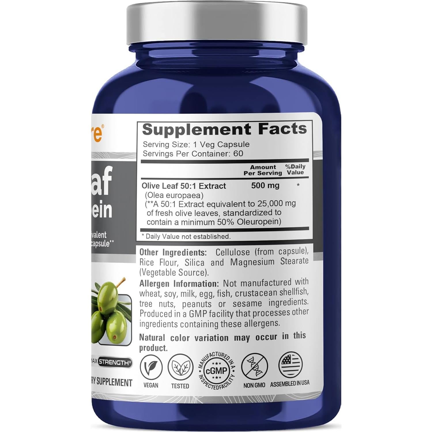 Extracto de Hoja de Olivo NusaPure 500 mg 50% Oleuropeína 60 Cápsulas