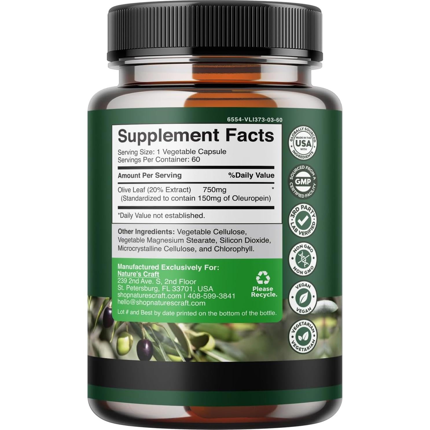 Cápsulas de Extracto de Hoja de Olivo Natures Craft 60 Unidades