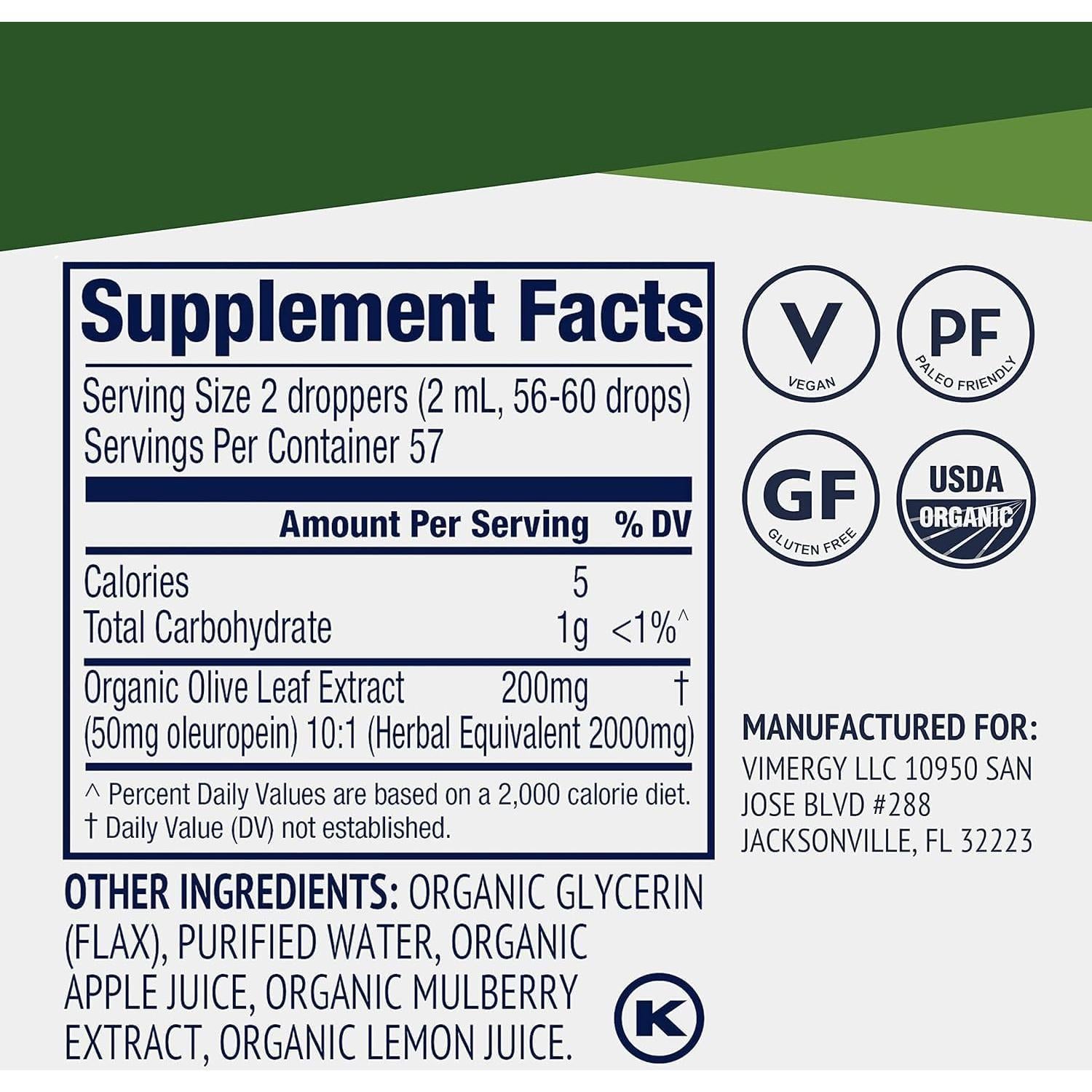 Vimergy Extracto de Hoja de Olivo 115 mL - Orgánico y Vegano