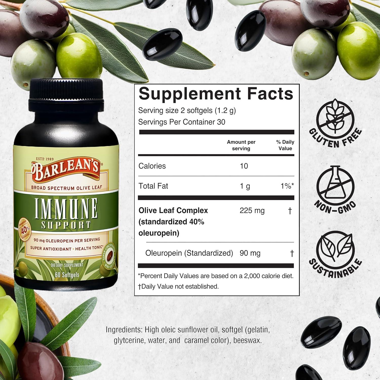 Suplemento Inmunológico Barlean's Hoja de Olivo 90 mg 60 Softgels