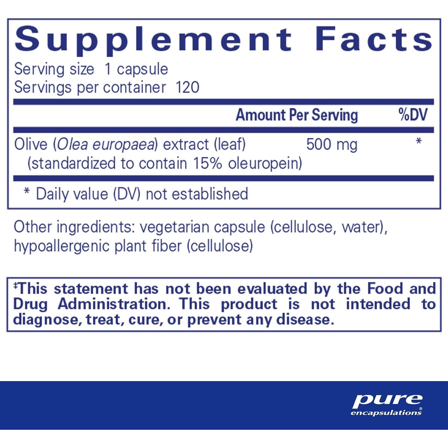 Extracto de Hoja de Olivo Pure Encapsulations 120 Cápsulas