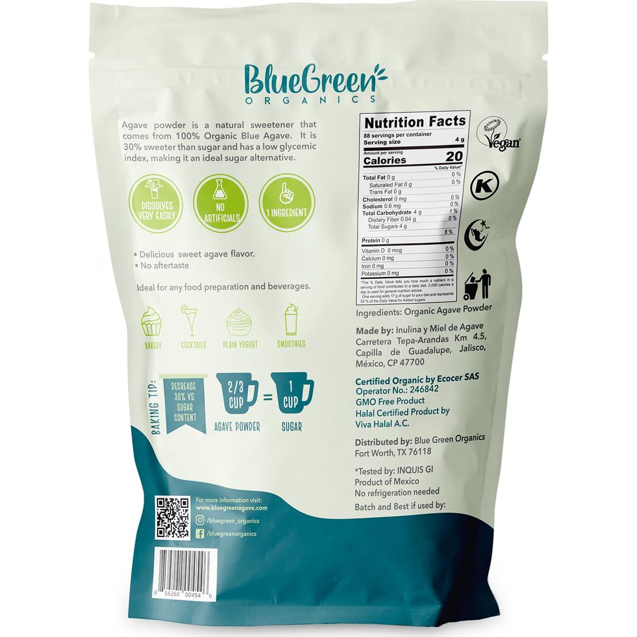 Polvo de Agave Orgánico AZUL VERDE 0.35 Kg Keto Vegano