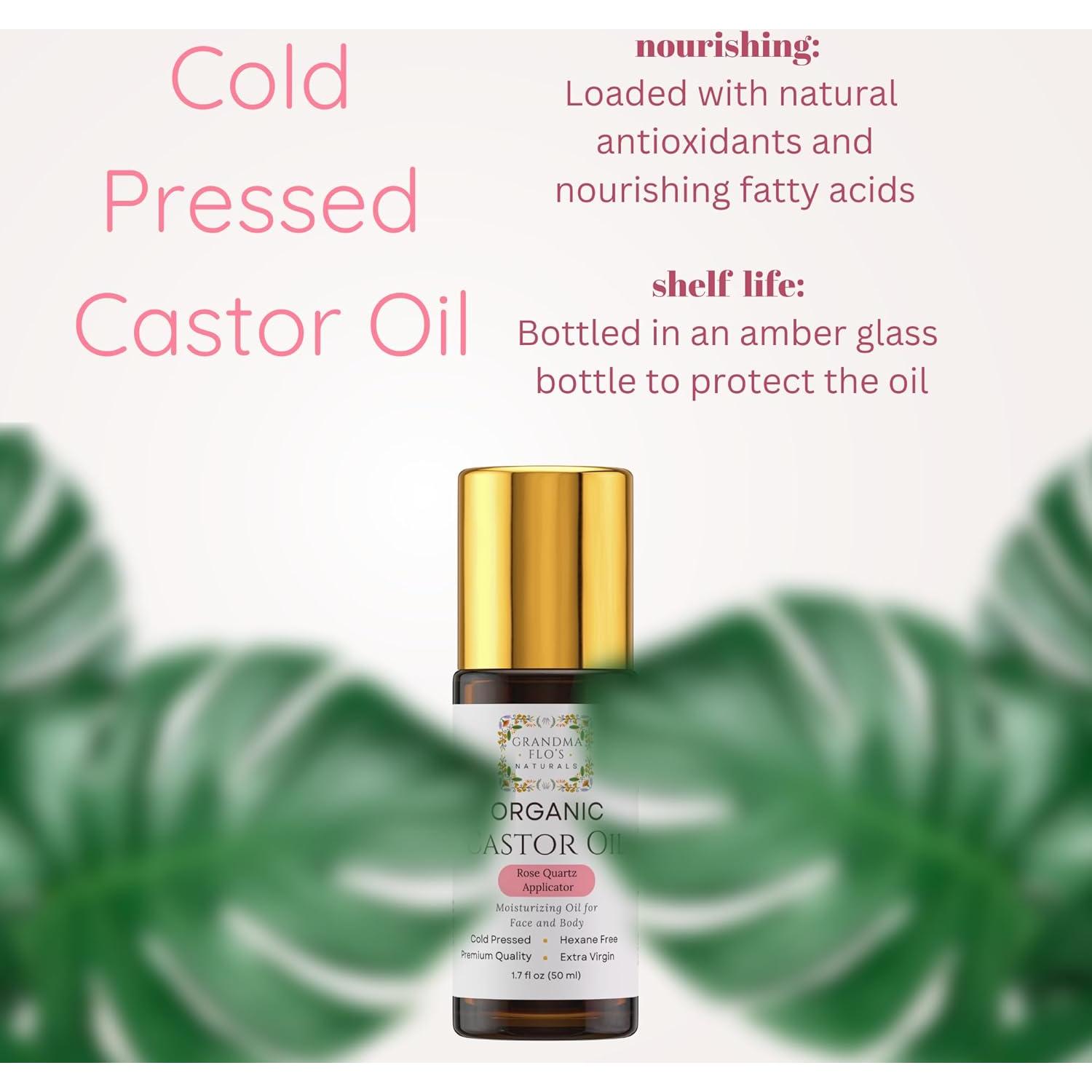 Aceite de Ricino Orgánico Grandma Flo 50ml con Rodillo Cuarzo Rosa