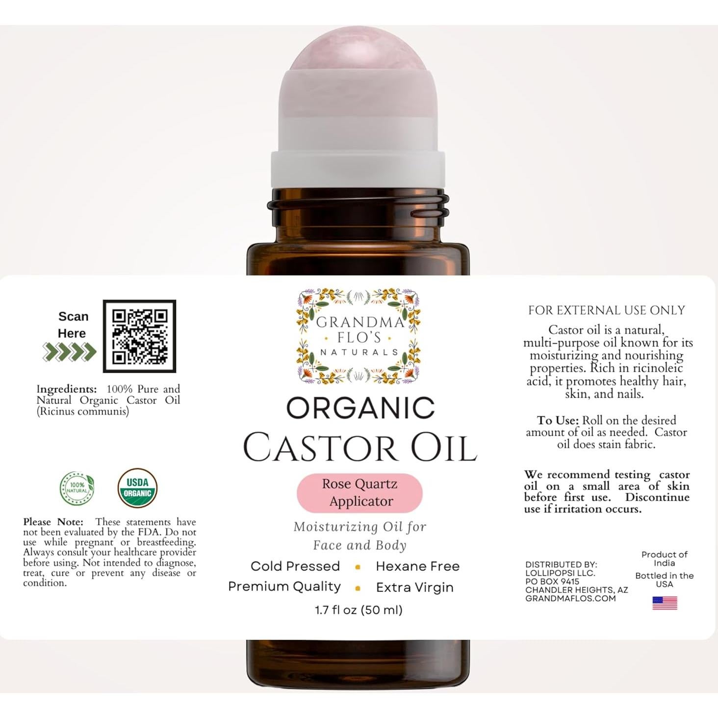Aceite de Ricino Orgánico Grandma Flo 50ml con Rodillo Cuarzo Rosa