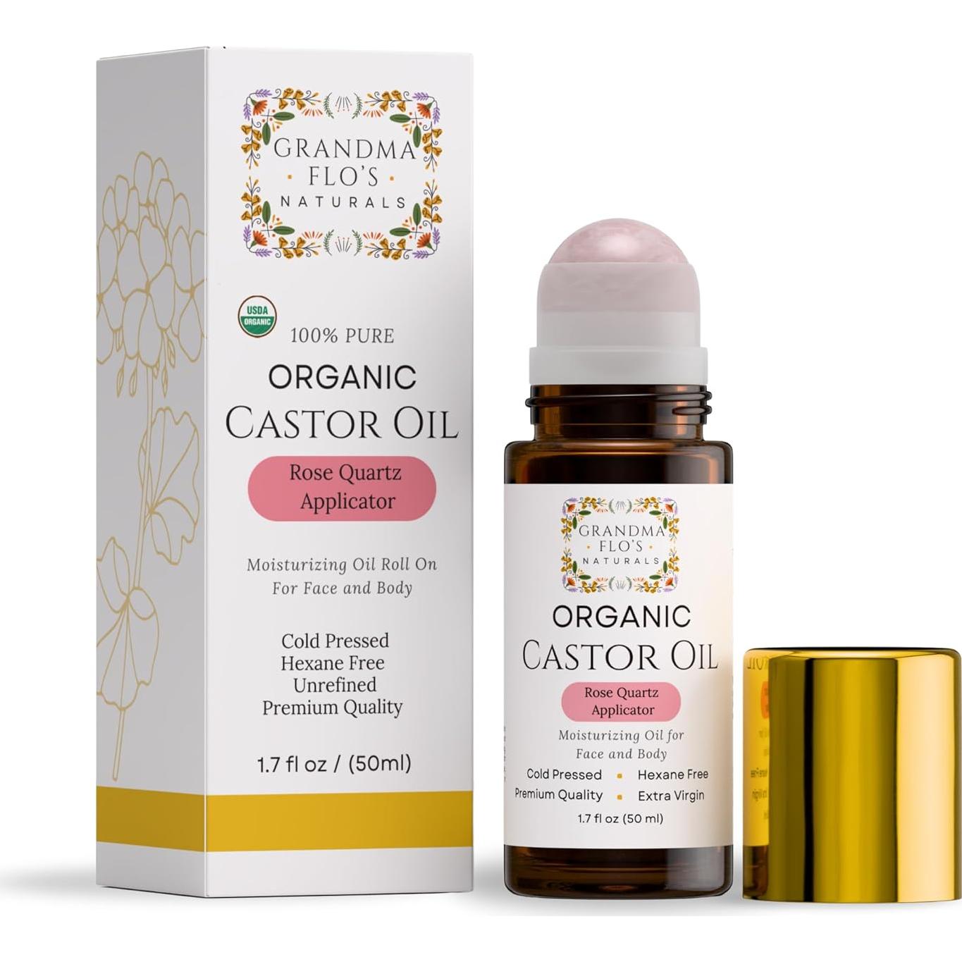 Aceite de Ricino Orgánico Grandma Flo 50ml con Rodillo Cuarzo Rosa