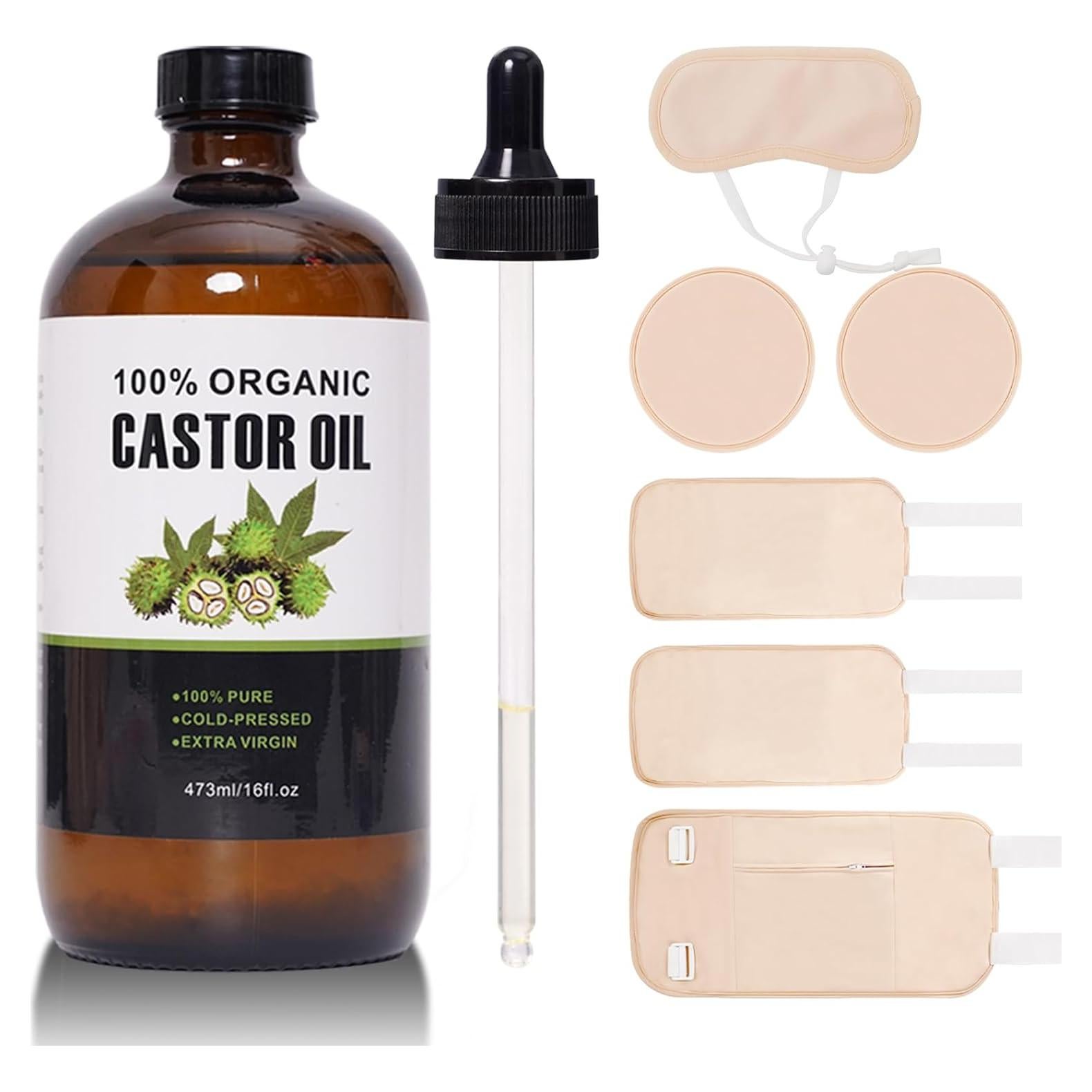 Kit de Aceite de Ricino Orgánico NEJUATY 473ml + 6 Paquetes Reutilizables