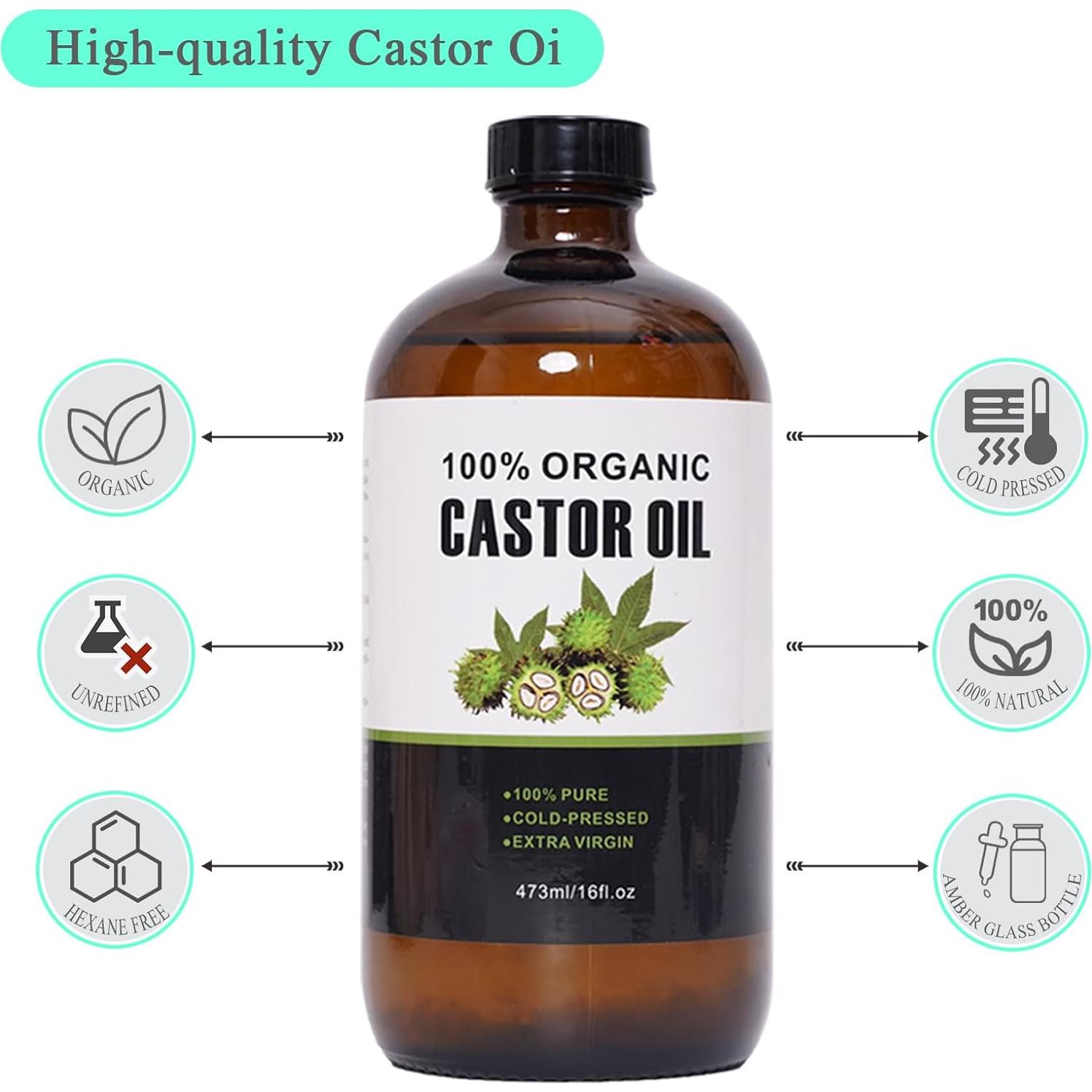 Kit de Aceite de Ricino Orgánico NEJUATY 473ml + 6 Paquetes Reutilizables