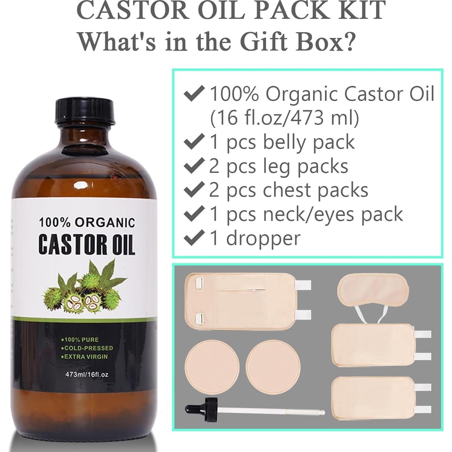 Kit de Aceite de Ricino Orgánico NEJUATY 473ml + 6 Paquetes Reutilizables