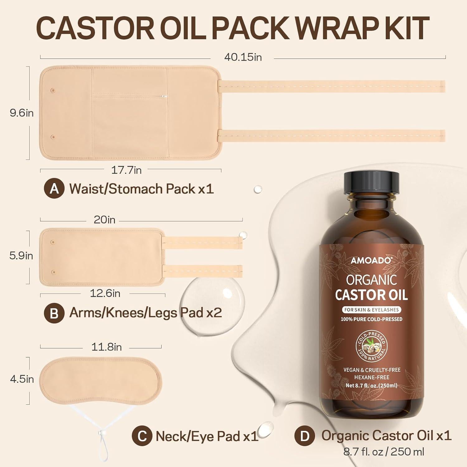 Kit de Envoltura de Aceite de Ricino Orgánico AMOADO 250 ml