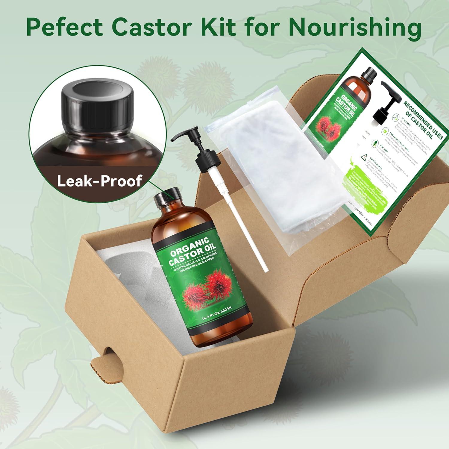 Kit de Aceite de Ricino Orgánico Taoscare 500ml + 4 Paños Algodón