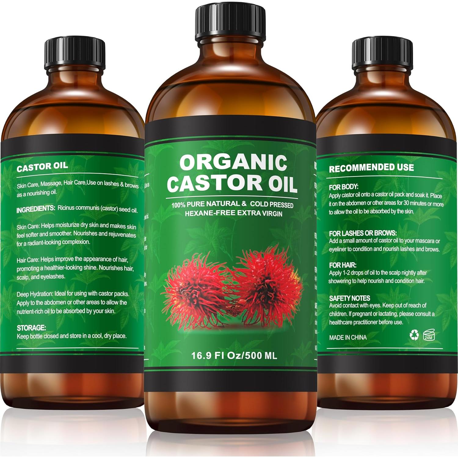 Kit de Aceite de Ricino Orgánico Taoscare 500ml + 4 Paños Algodón