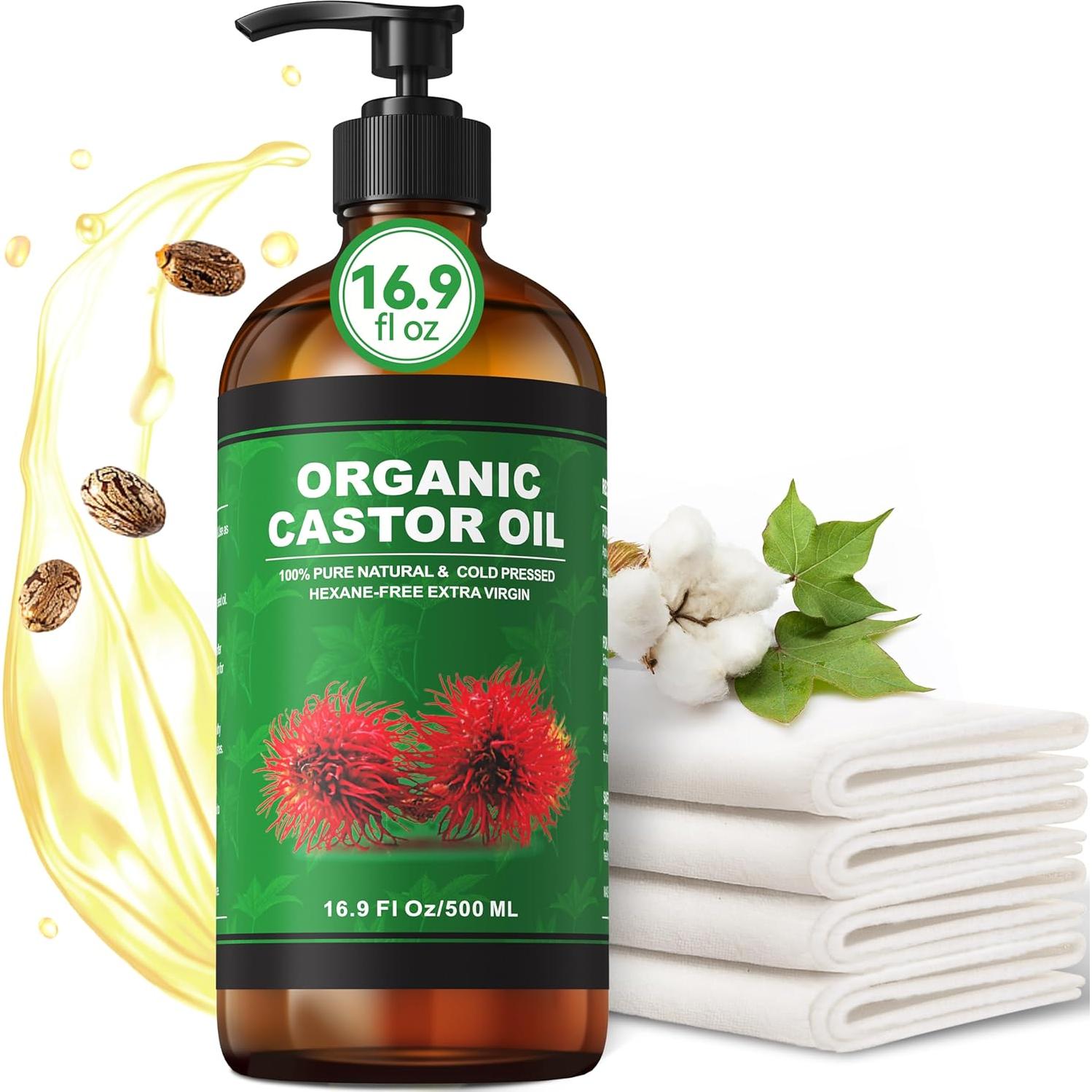 Kit de Aceite de Ricino Orgánico Taoscare 500ml + 4 Paños Algodón