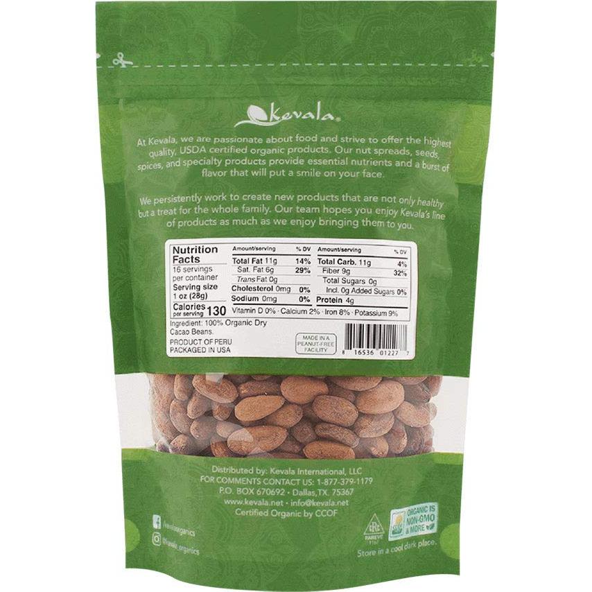 Frijoles de Cacao Enteros Orgánicos Kevala 0.45 kg - Vegano, Sin Gluten
