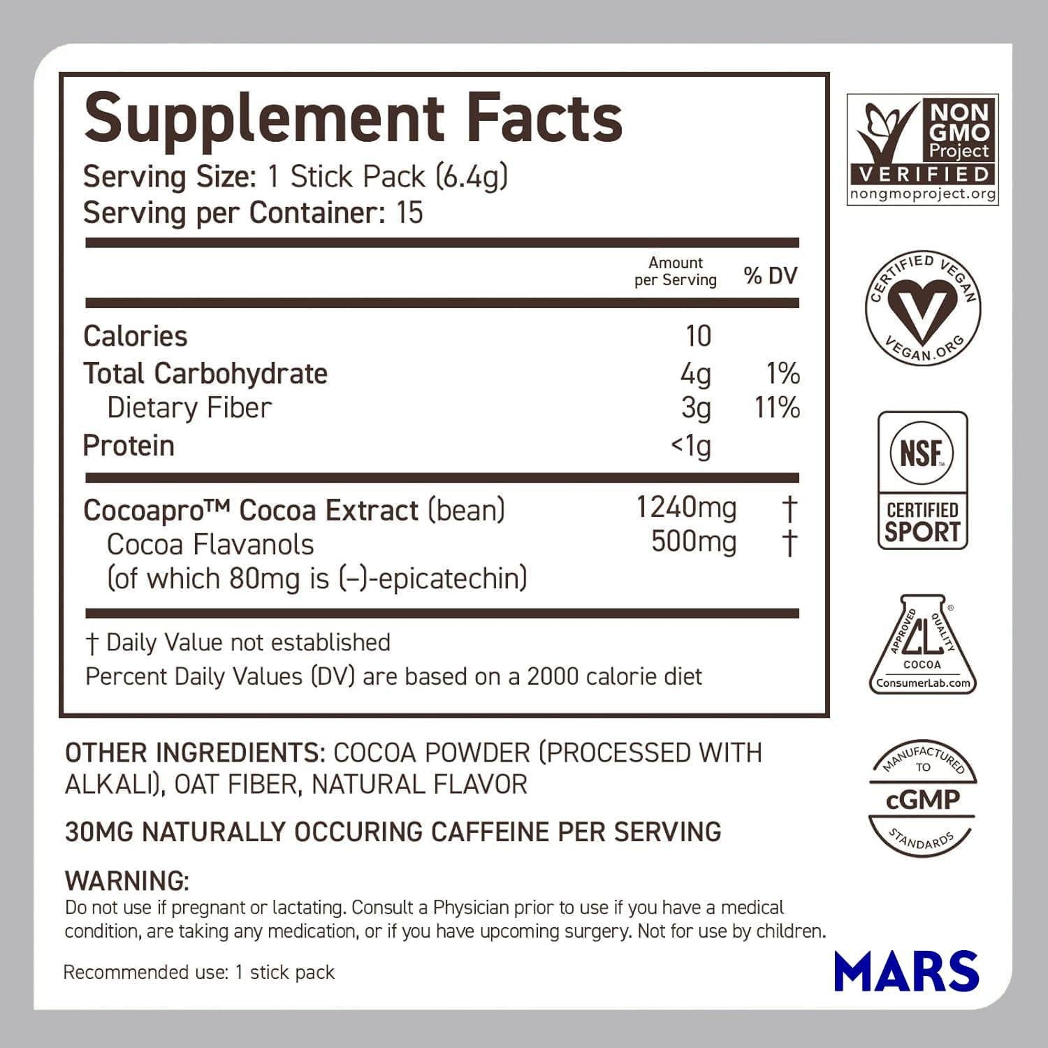 CocoaVia Polvo de Cacao 15 Paquetes 500mg Flavanoles Salud Cardíaca