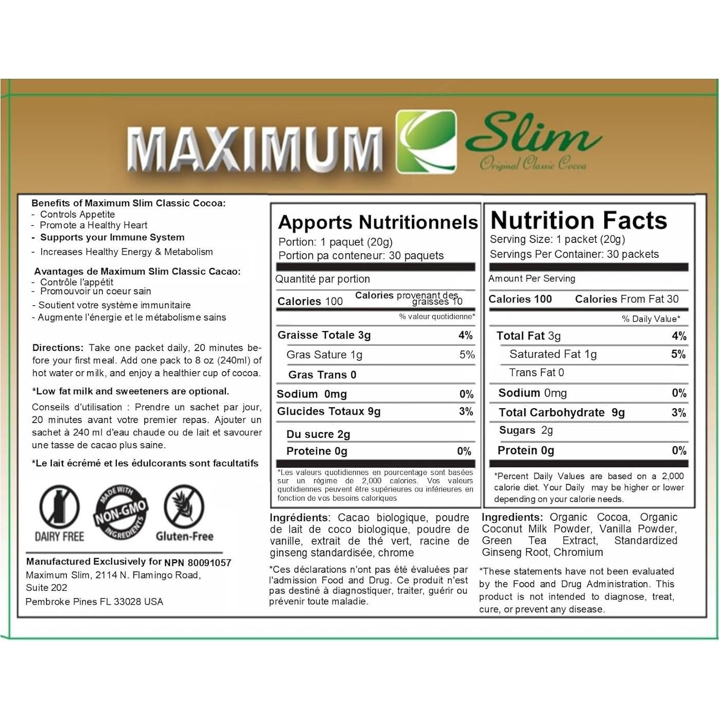 Cacao Instantáneo Premium Maximum Slim 30 Sobres 4 en 1