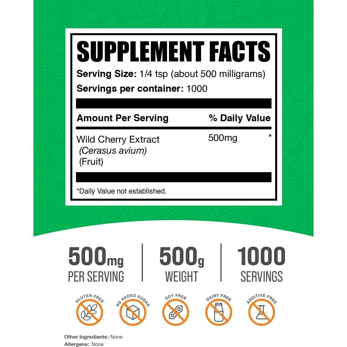 Polvo de Extracto de Cereza Silvestre BulkSupplements 500g - Suplemento Herbal Sin Gluten