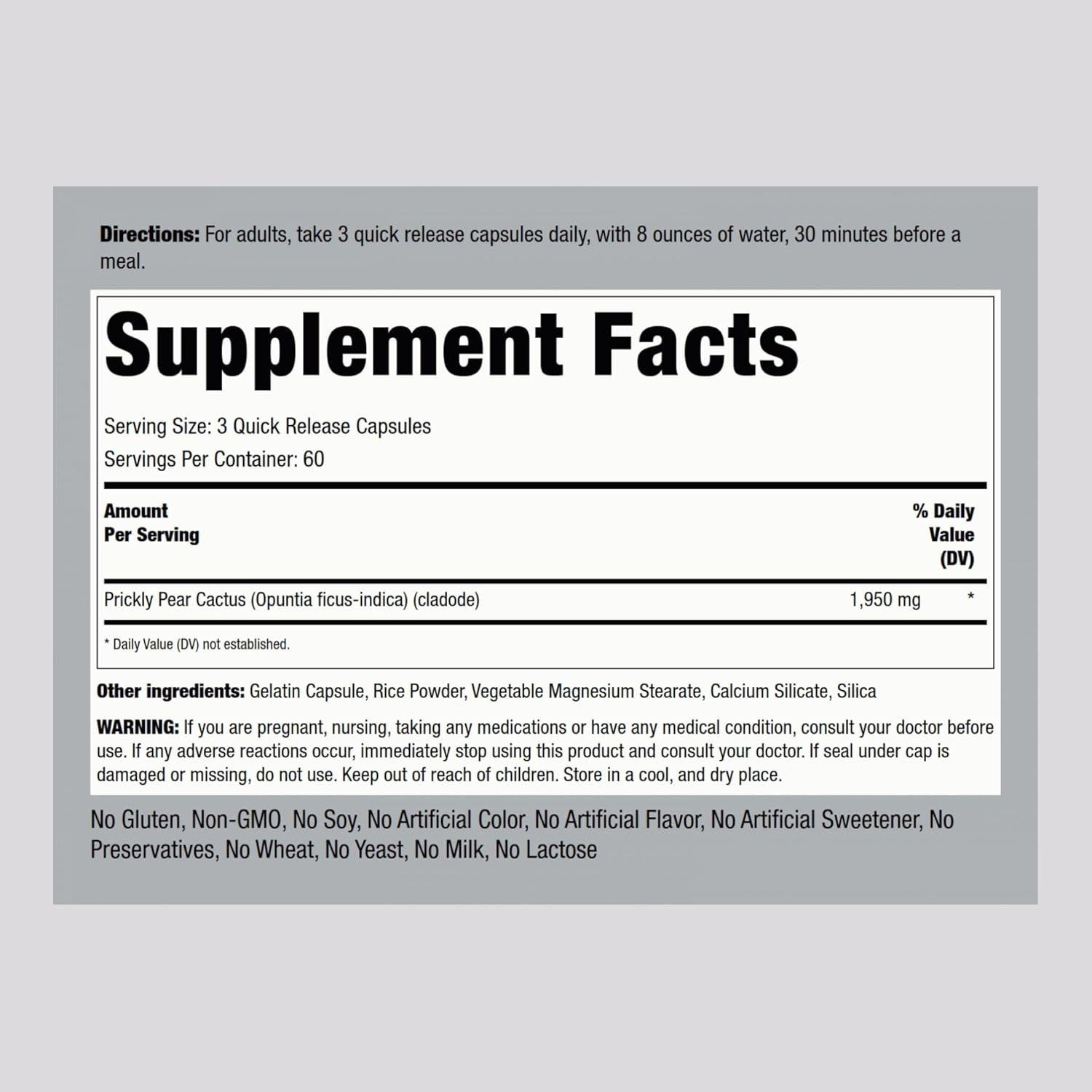 Cápsulas de Nopal Cactus Piping Rock 1950mg 180 Unidades