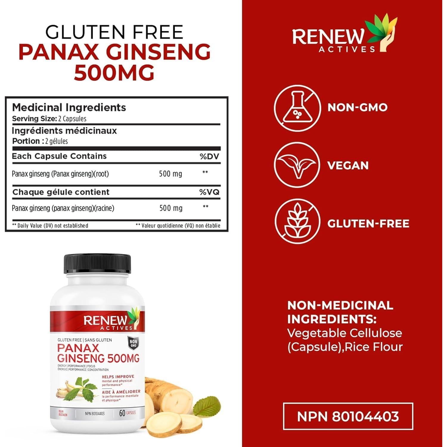 Cápsulas de Panax Ginseng Renew Actives 1000MG - 60 Unidades