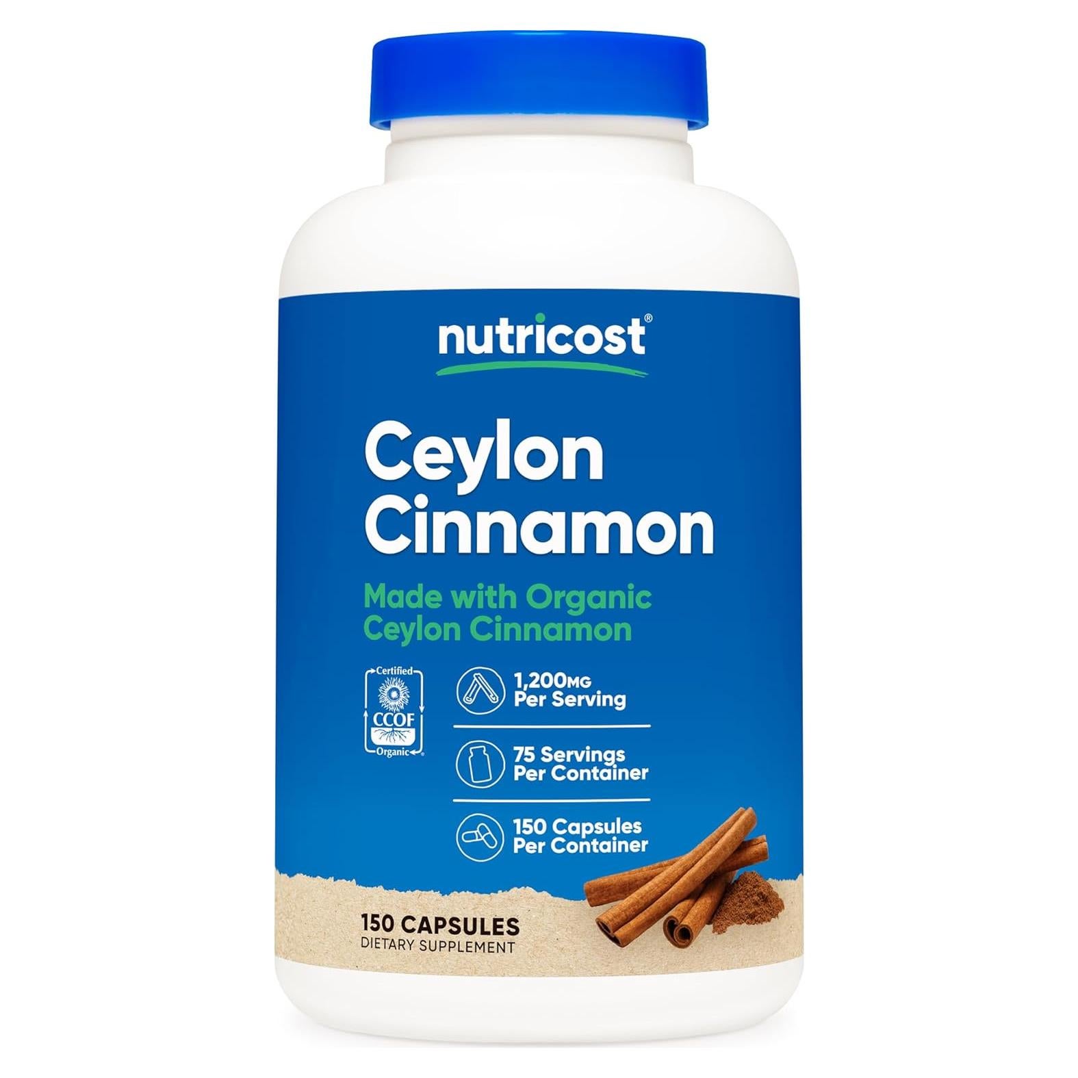 Canela Orgánica Nutricost 1200mg 150 Cápsulas Sin Gluten