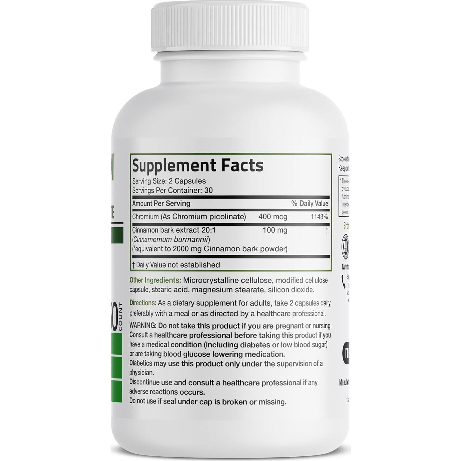 Suplemento de Canela Bronson Plus con Picolinato de Cromo 60 Cápsulas