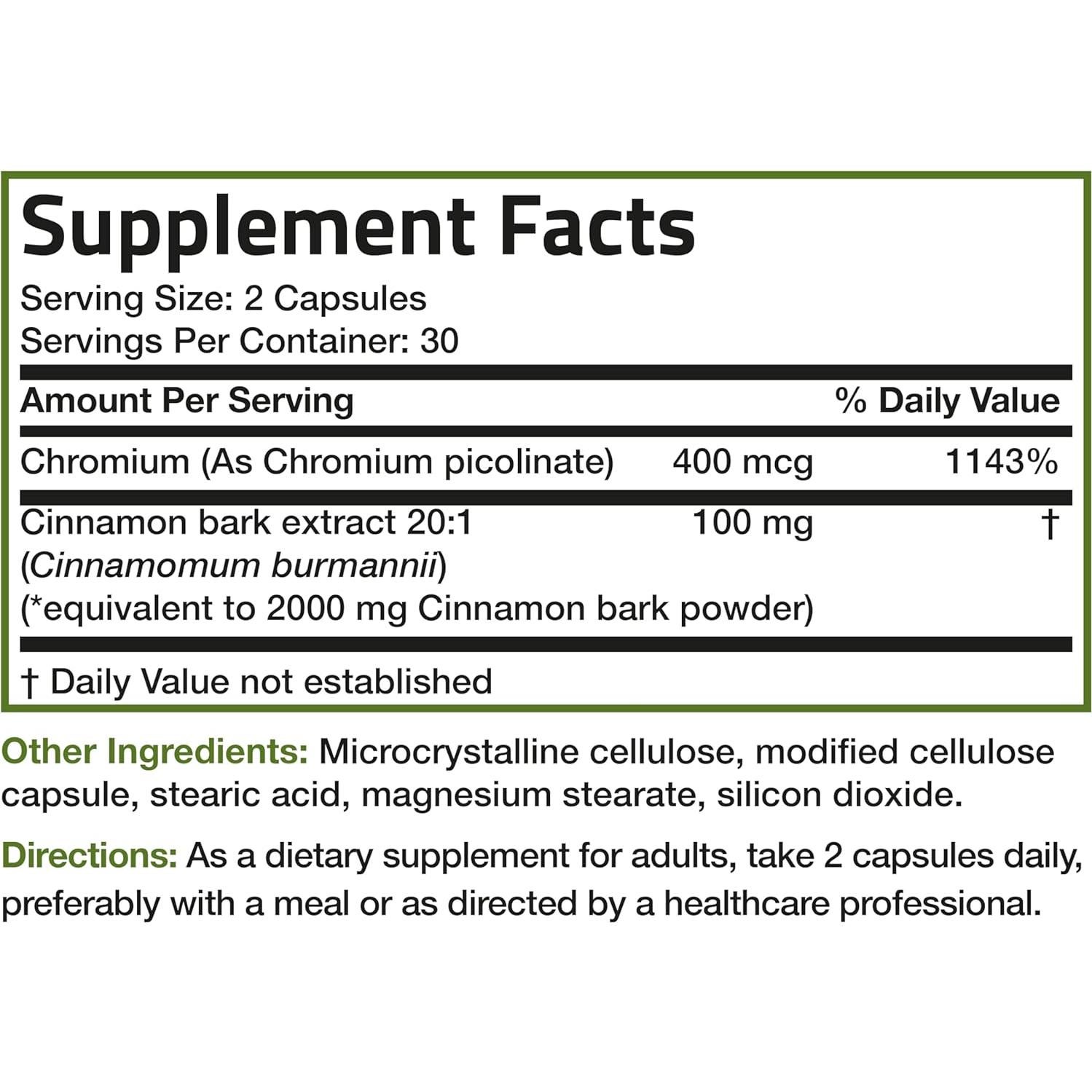 Suplemento de Canela Bronson Plus con Picolinato de Cromo 60 Cápsulas