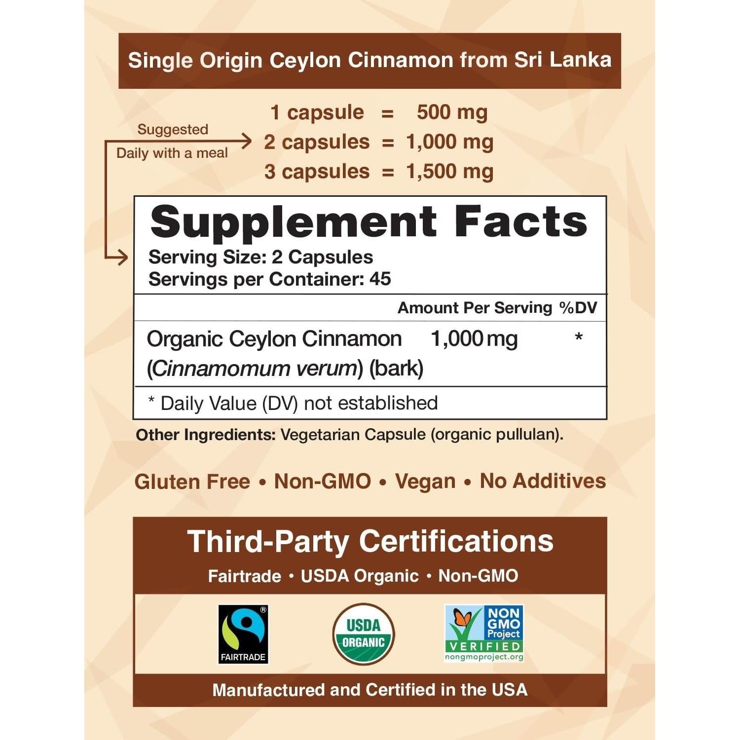 Suplemento de Canela de Ceilán Orgánica Ceylon Cinnamon 90 Cápsulas