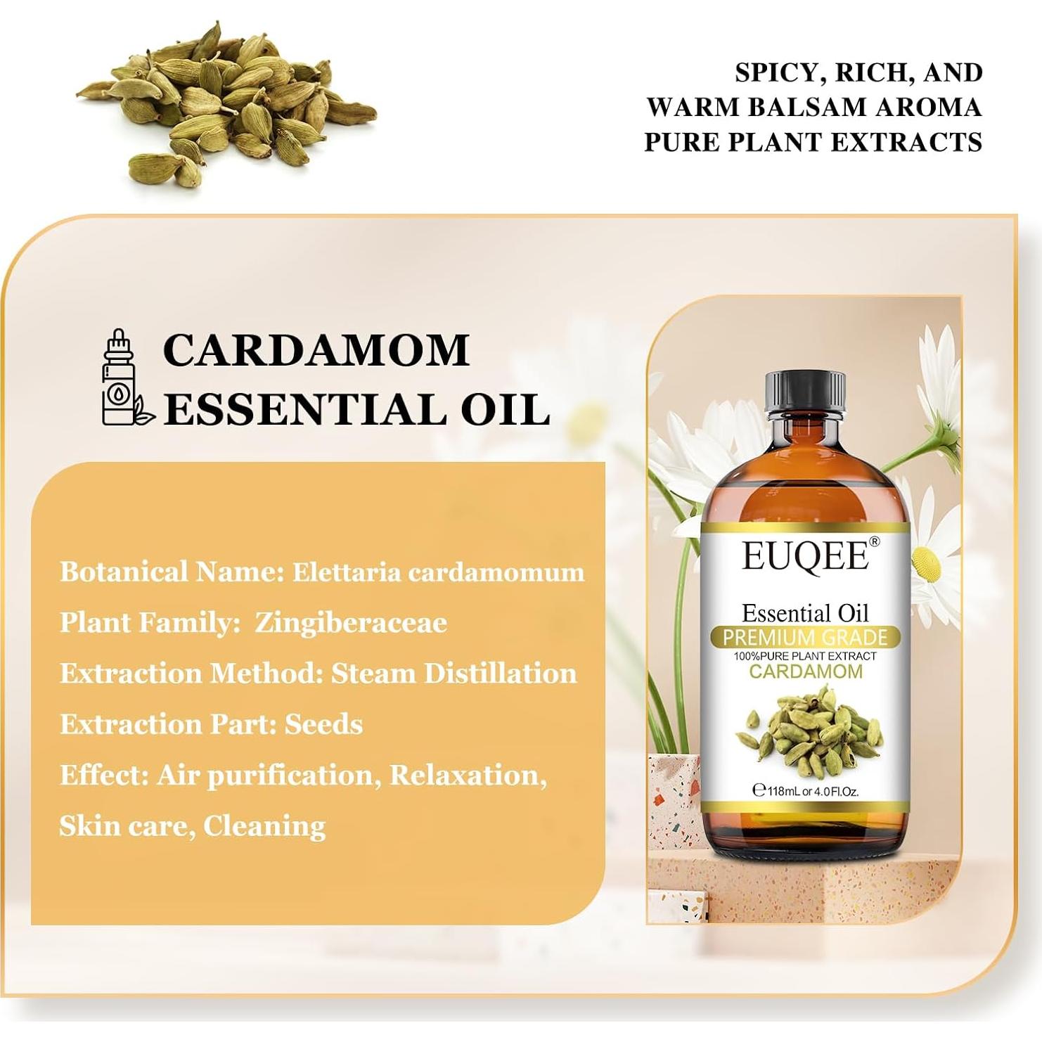 Aceite Esencial de Cardamomo 118 ml EUQEE - Botella con Gotero