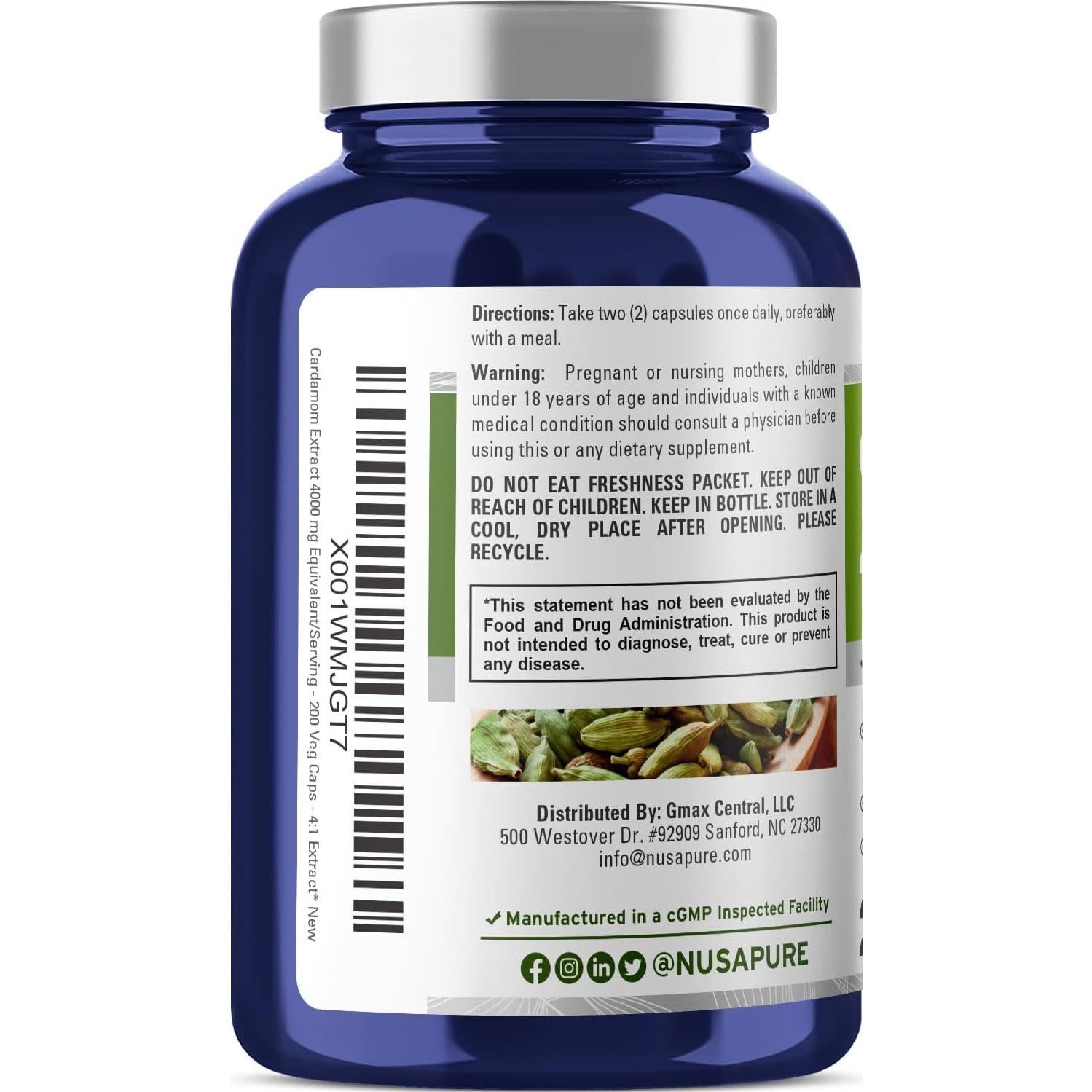 Extracto de Cardamomo NusaPure 4000 mg 200 Cápsulas Veganas