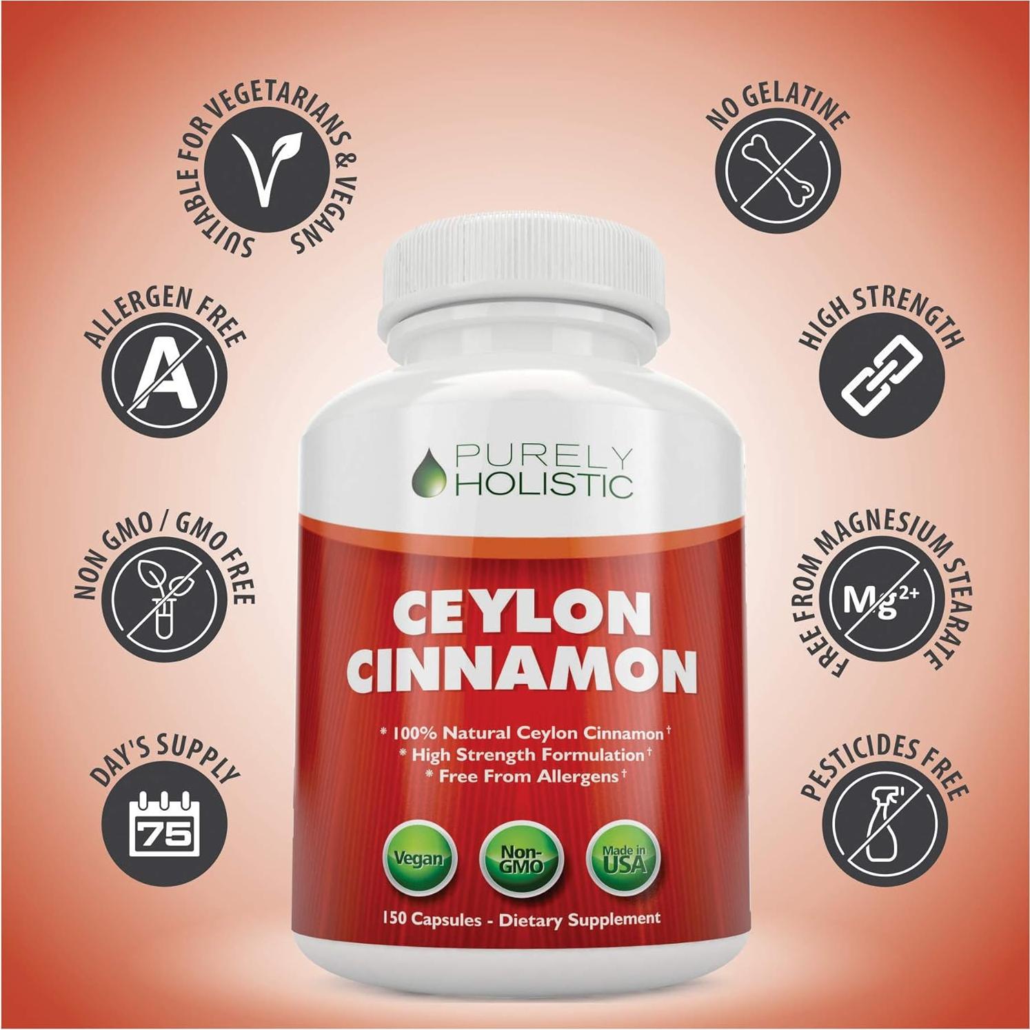 Cápsulas de Canela de Ceilán Purely Holistic 1500mg 150 Unidades