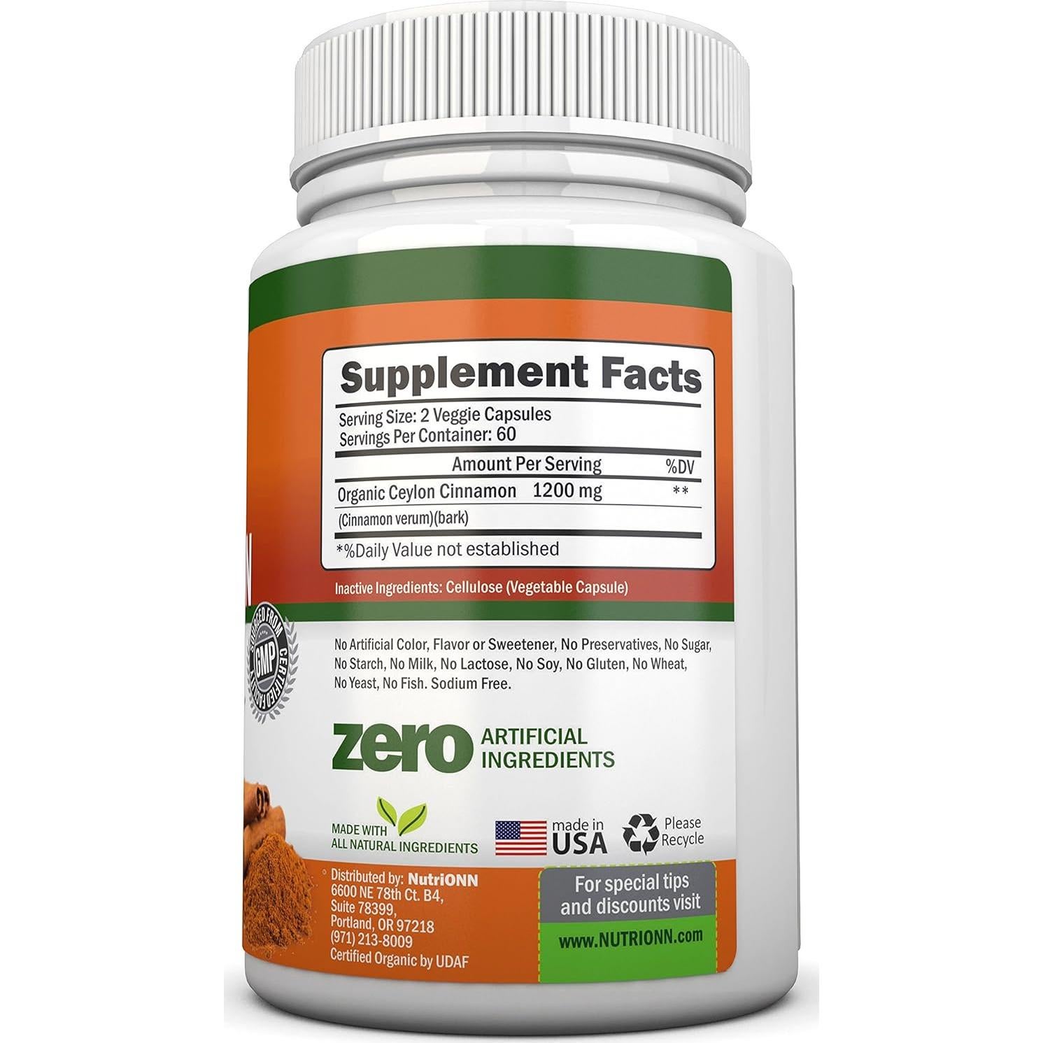 Canela de Ceylán Orgánica NutriONN 1200 mg 120 Cápsulas Veganas