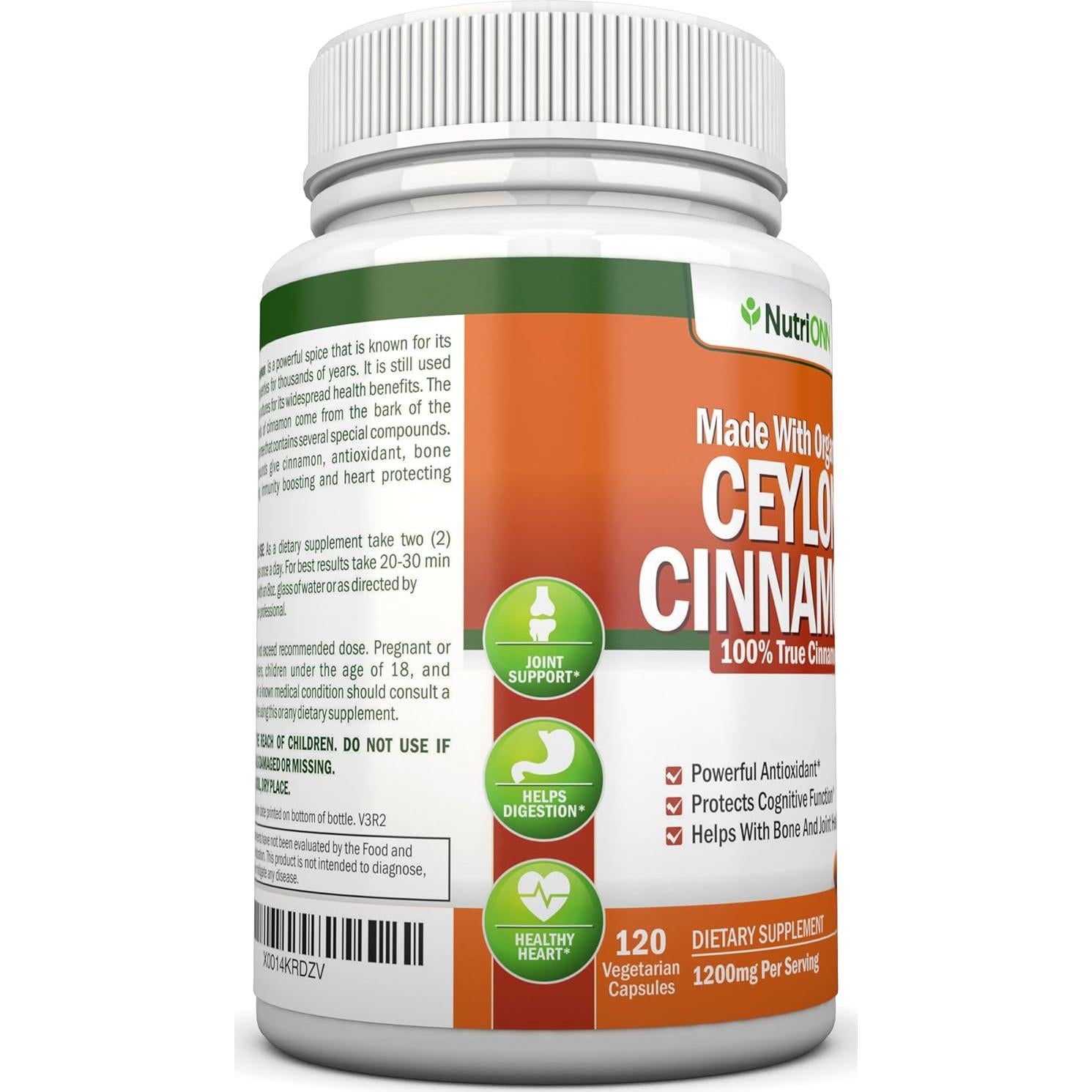 Canela de Ceylán Orgánica NutriONN 1200 mg 120 Cápsulas Veganas