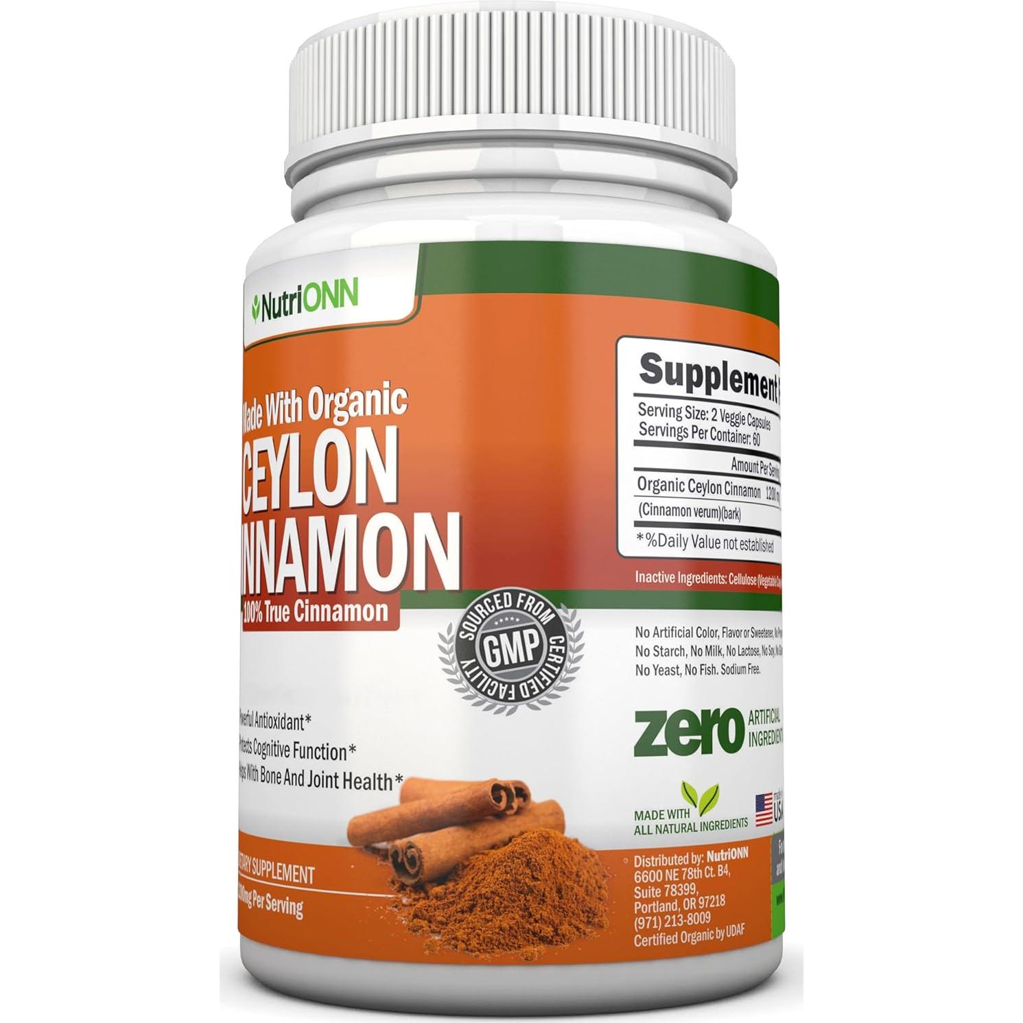 Canela de Ceylán Orgánica NutriONN 1200 mg 120 Cápsulas Veganas