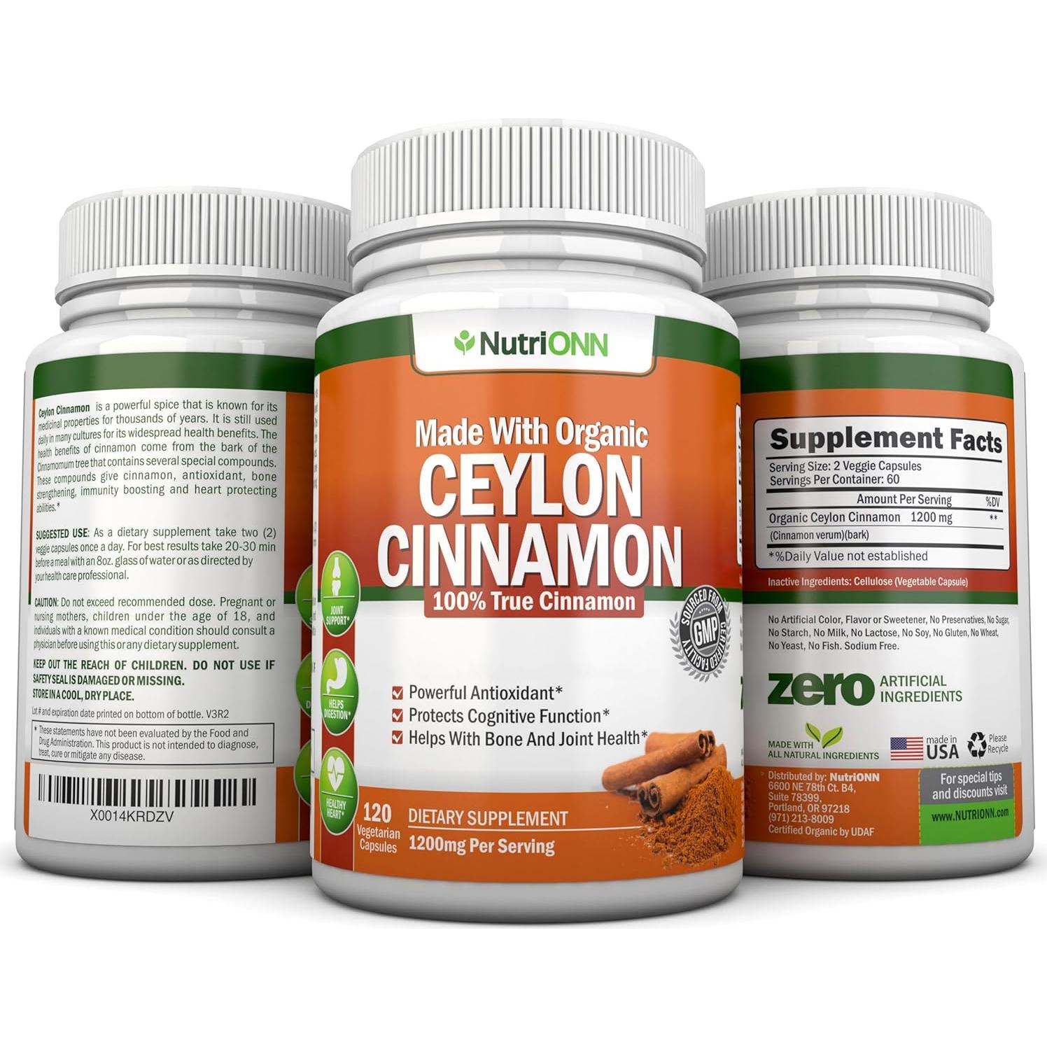 Canela de Ceylán Orgánica NutriONN 1200 mg 120 Cápsulas Veganas
