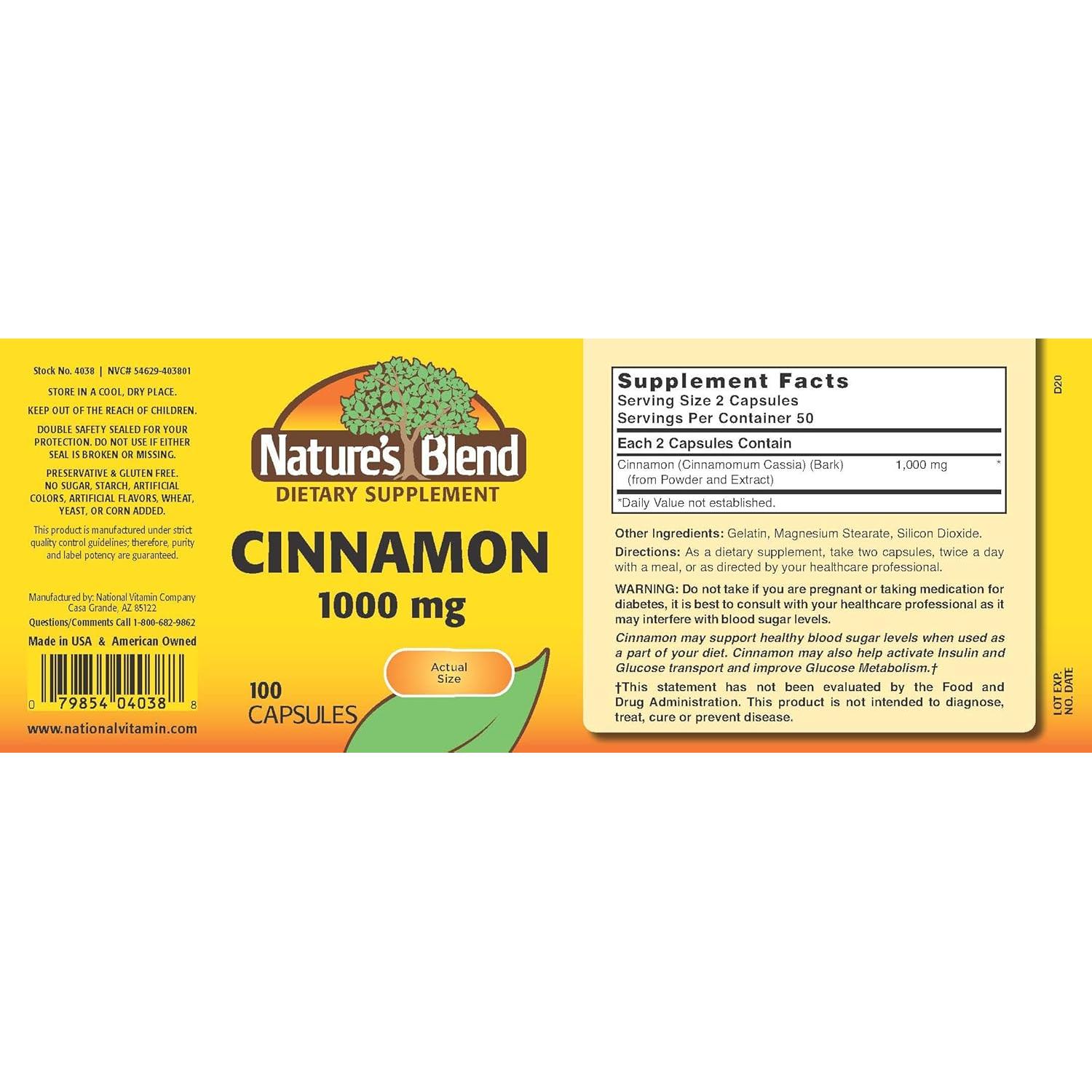 Suplemento de Canela 1000 mg Mezcla de Canela de la Naturaleza 100 Caps