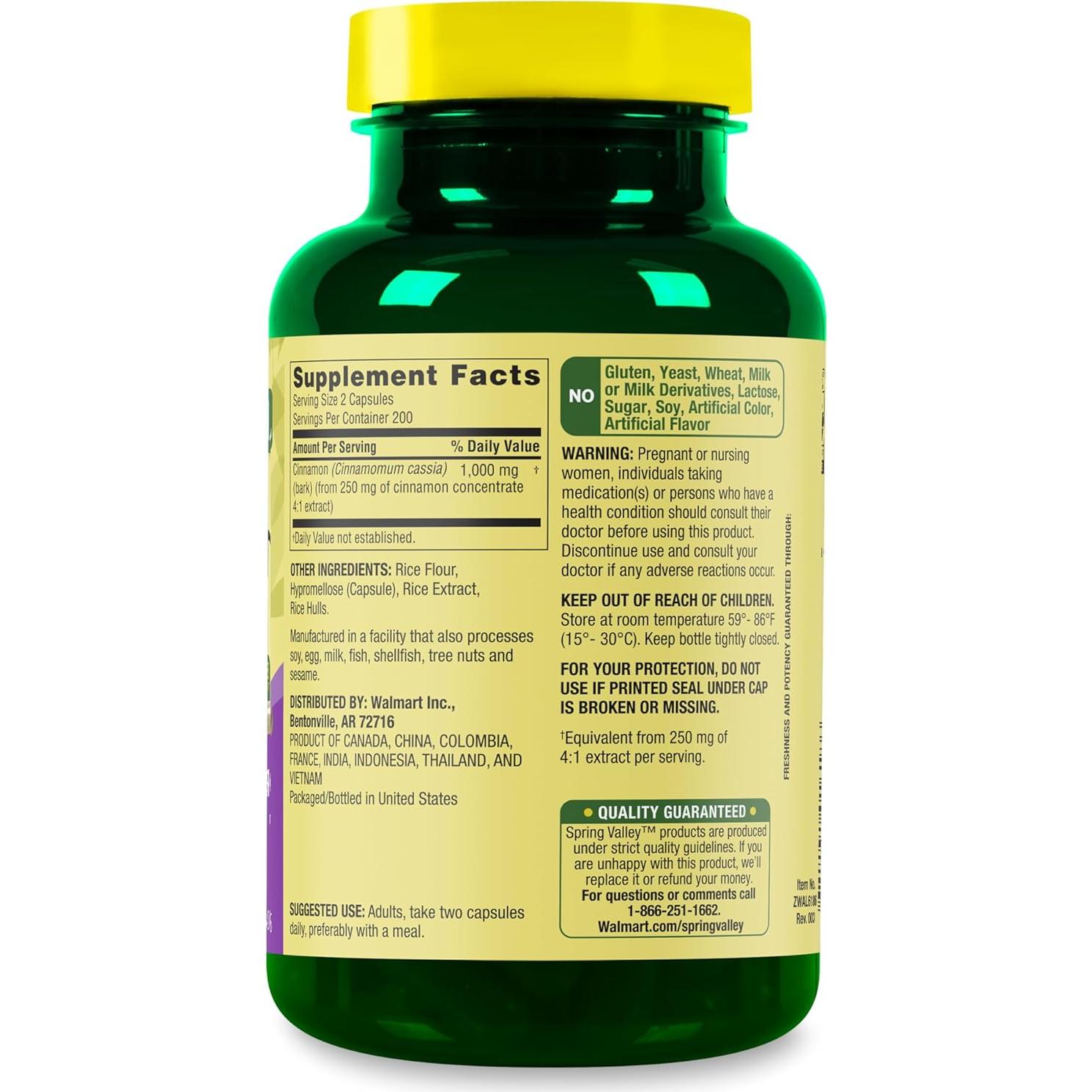 Suplemento de Canela Spring Valley 1000mg 400 Cápsulas