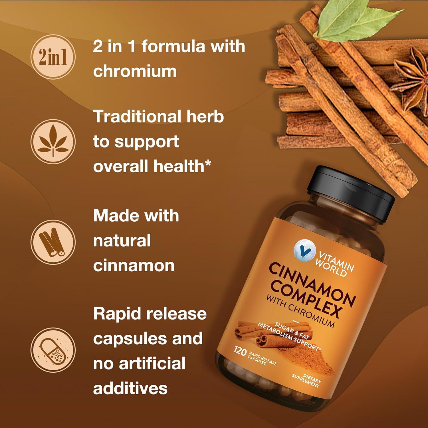 Suplemento de Canela con Cromo Vitamin World 1000 mg 120 Cápsulas