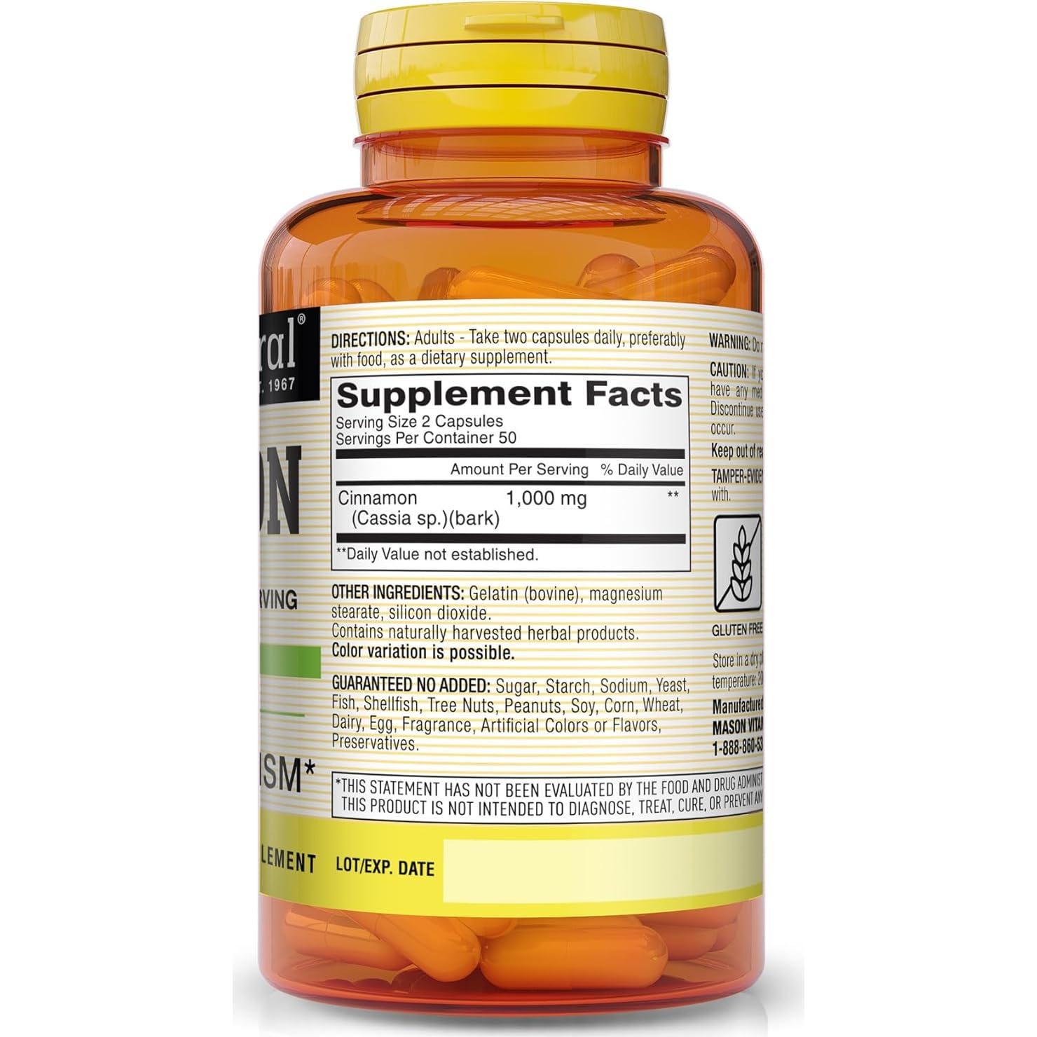 Cápsulas de Canela 1000 mg Mason Natural - 100 Unidades