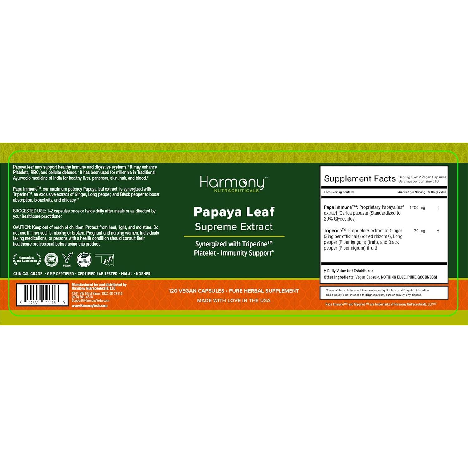 Extracto de Hoja de Papaya Orgánico Harmony Nutraceuticals 120 Cápsulas Veganas