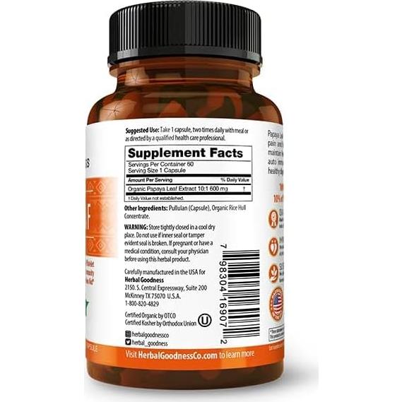 Cápsulas Veganas Extracto de Hoja de Papaya 10X 60x600mg - Herbal Goodness