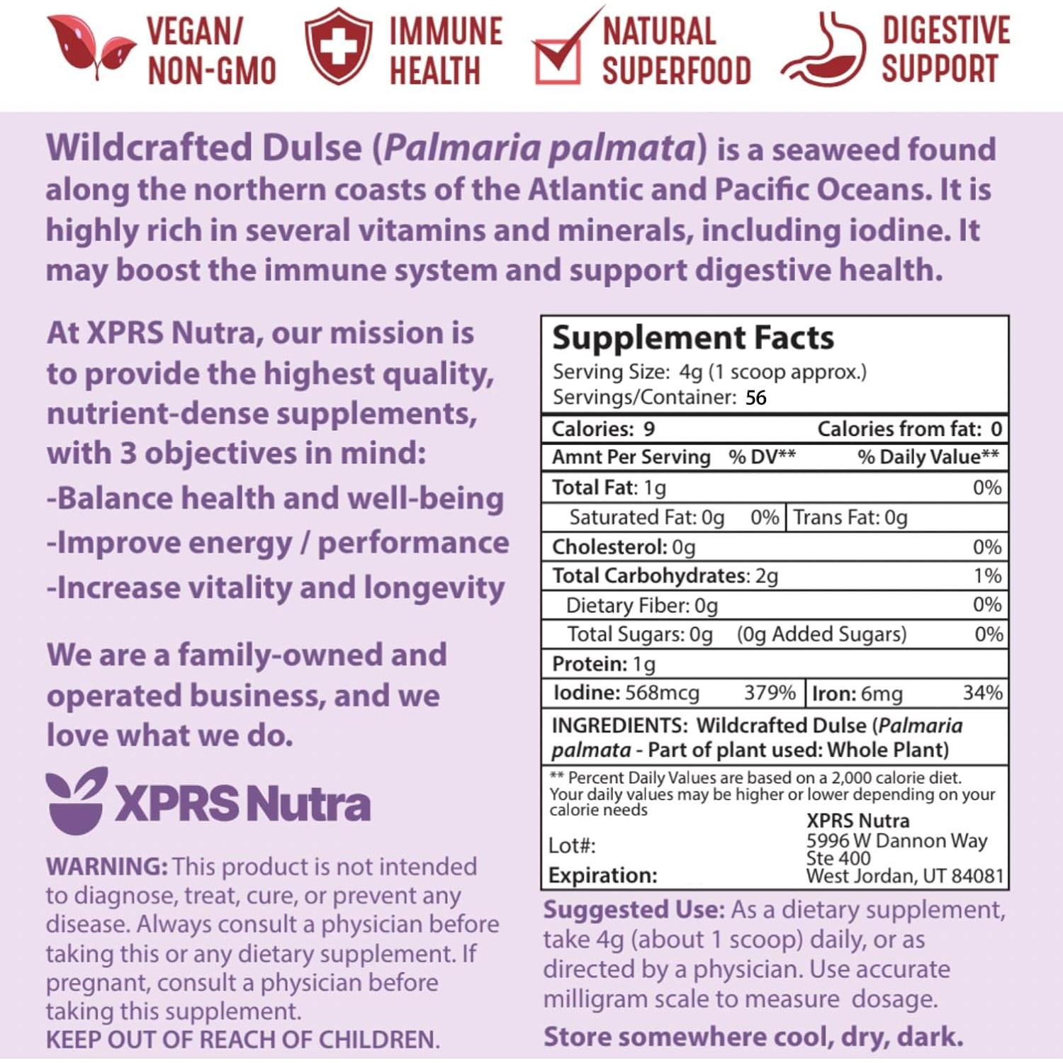 Polvo de Dulse Orgánico XPRS Nutra 227g - Superalimento Marino
