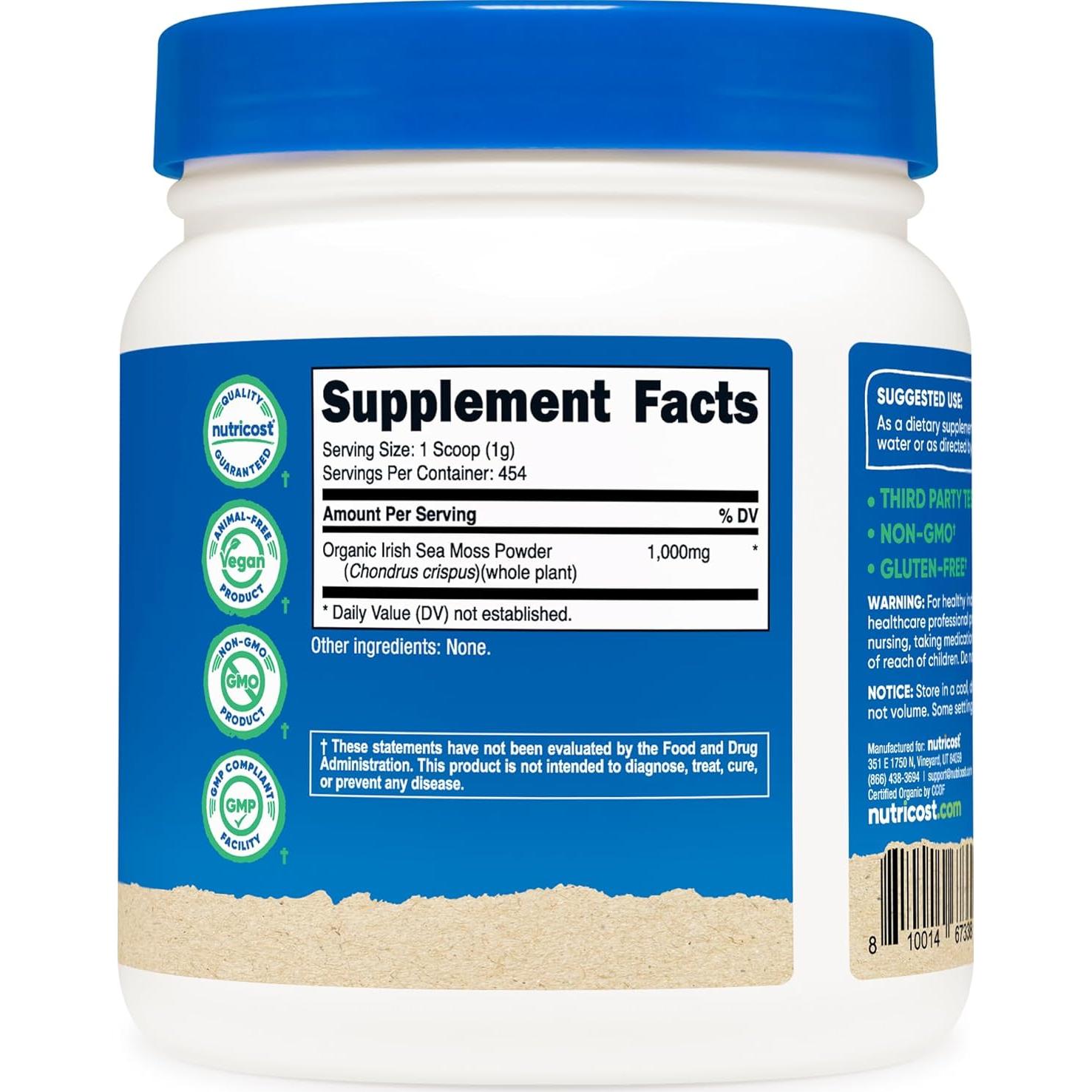 Polvo de Musgo Irlandés Orgánico Nutricost 0.45 kg - Sin Gluten