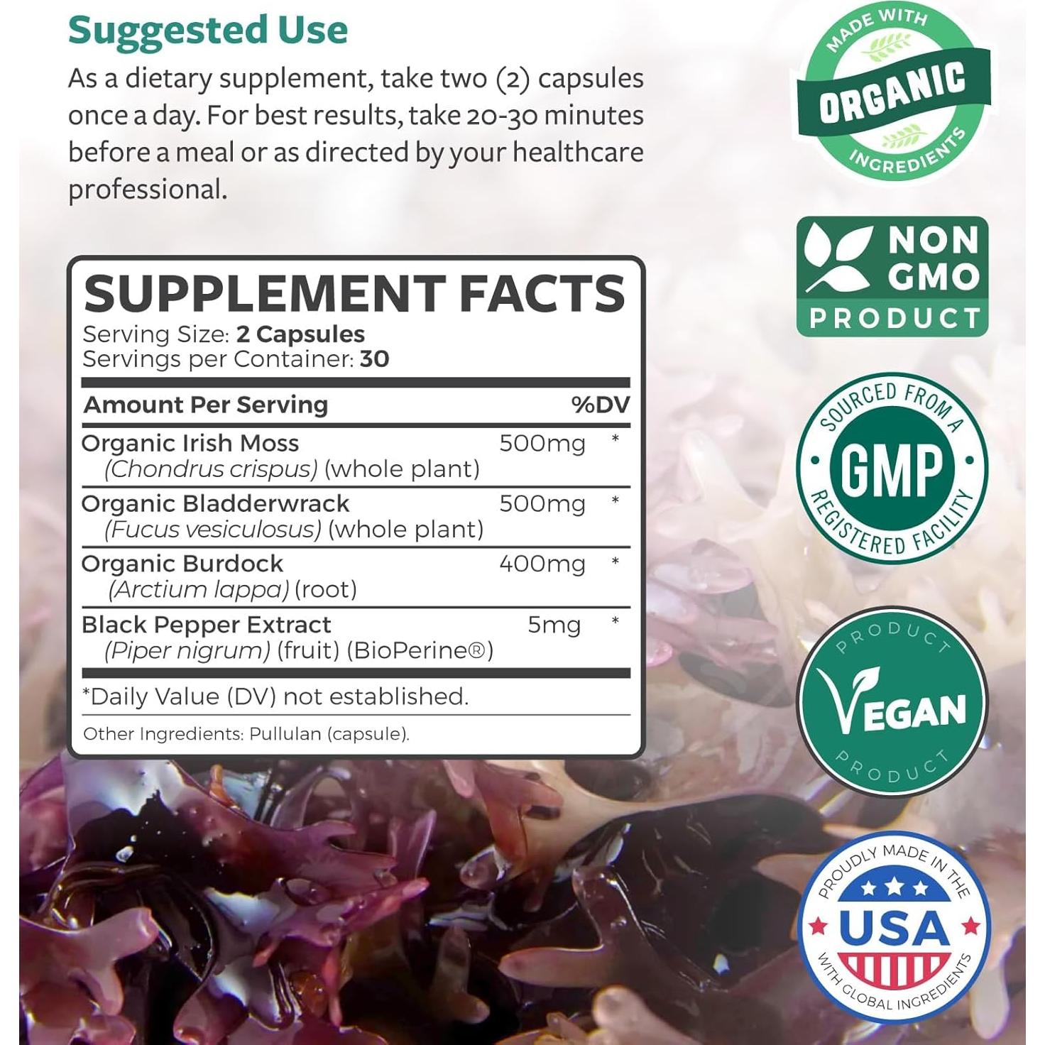 Cápsulas de Musgo Marino Orgánico Healths Harmony 60 Unidades