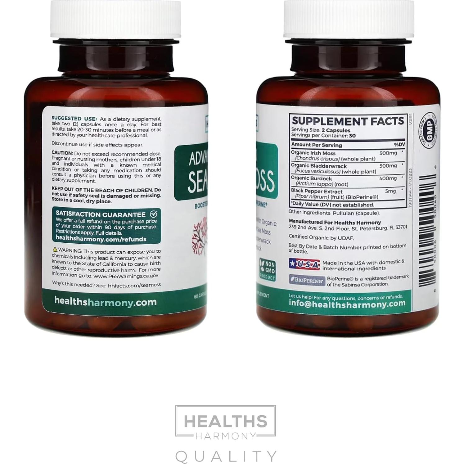 Cápsulas de Musgo Marino Orgánico Healths Harmony 60 Unidades