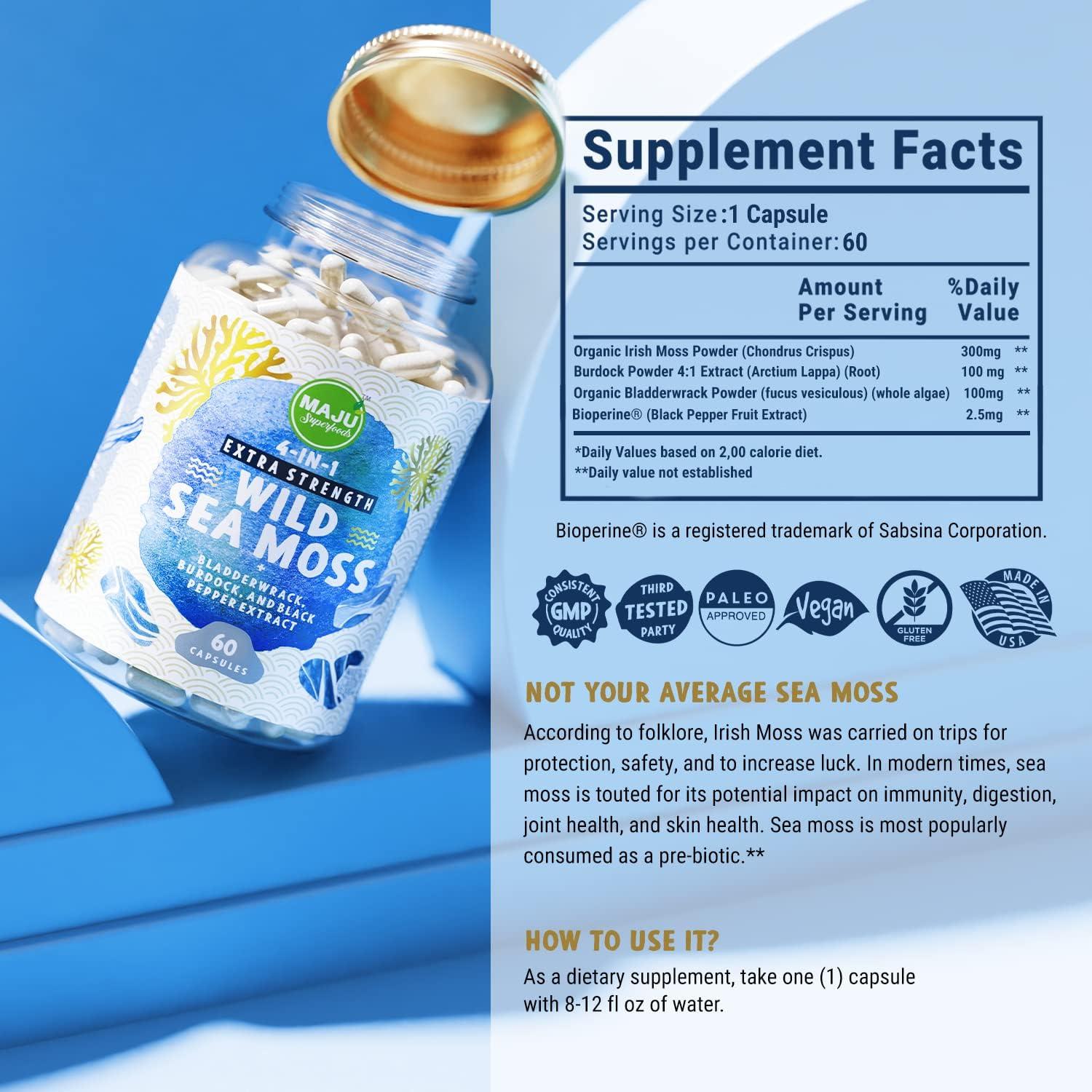 Cápsulas de Musgo Marino Orgánico MAJU 4-en-1 500 mg 60 ct