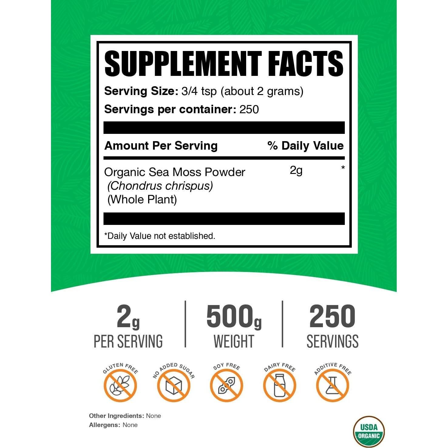 Polvo Orgánico de Musgo Irlandés BulkSupplements 500g Vegano